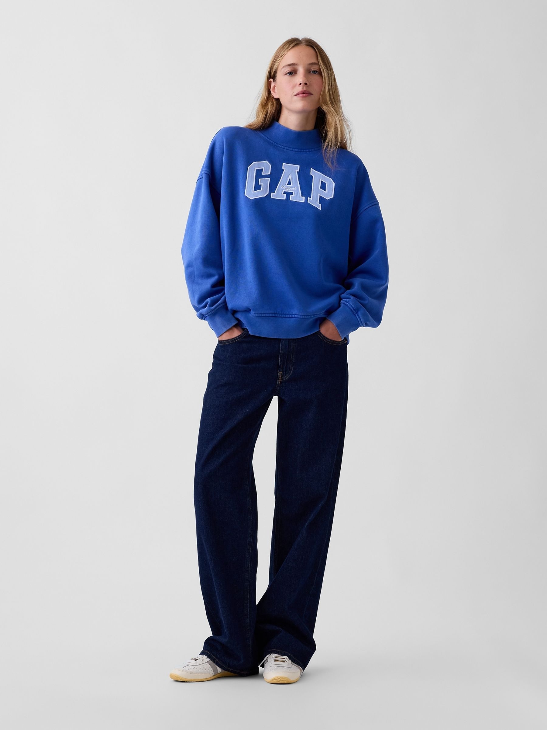 Bright Blue Vintage Soft Oversized Mock Neck Logo Sweatshirt - Image 4 of 5