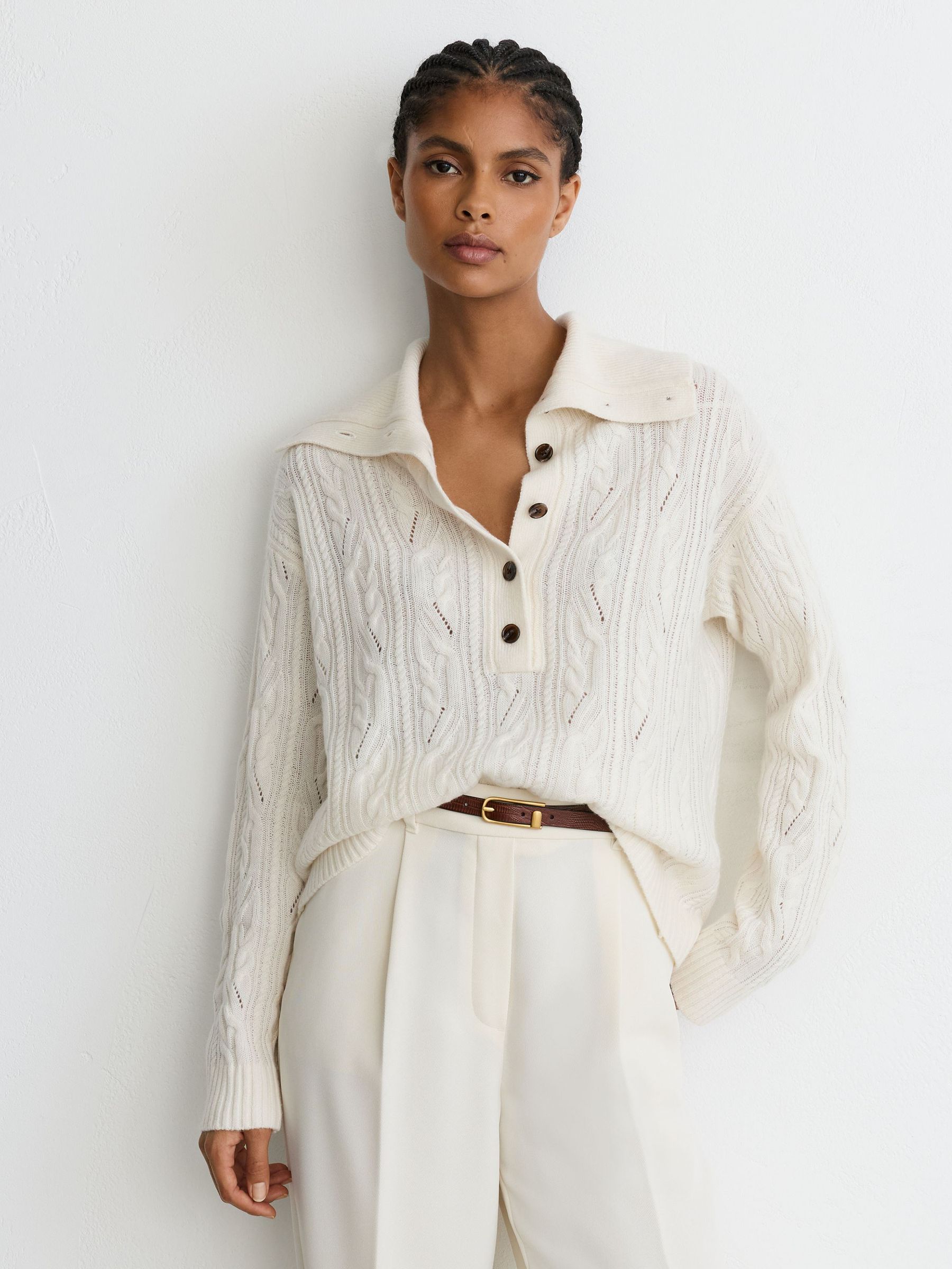 Wool-Cashmere Cable-Knit Half-Button Jumper in Ivory by Reiss