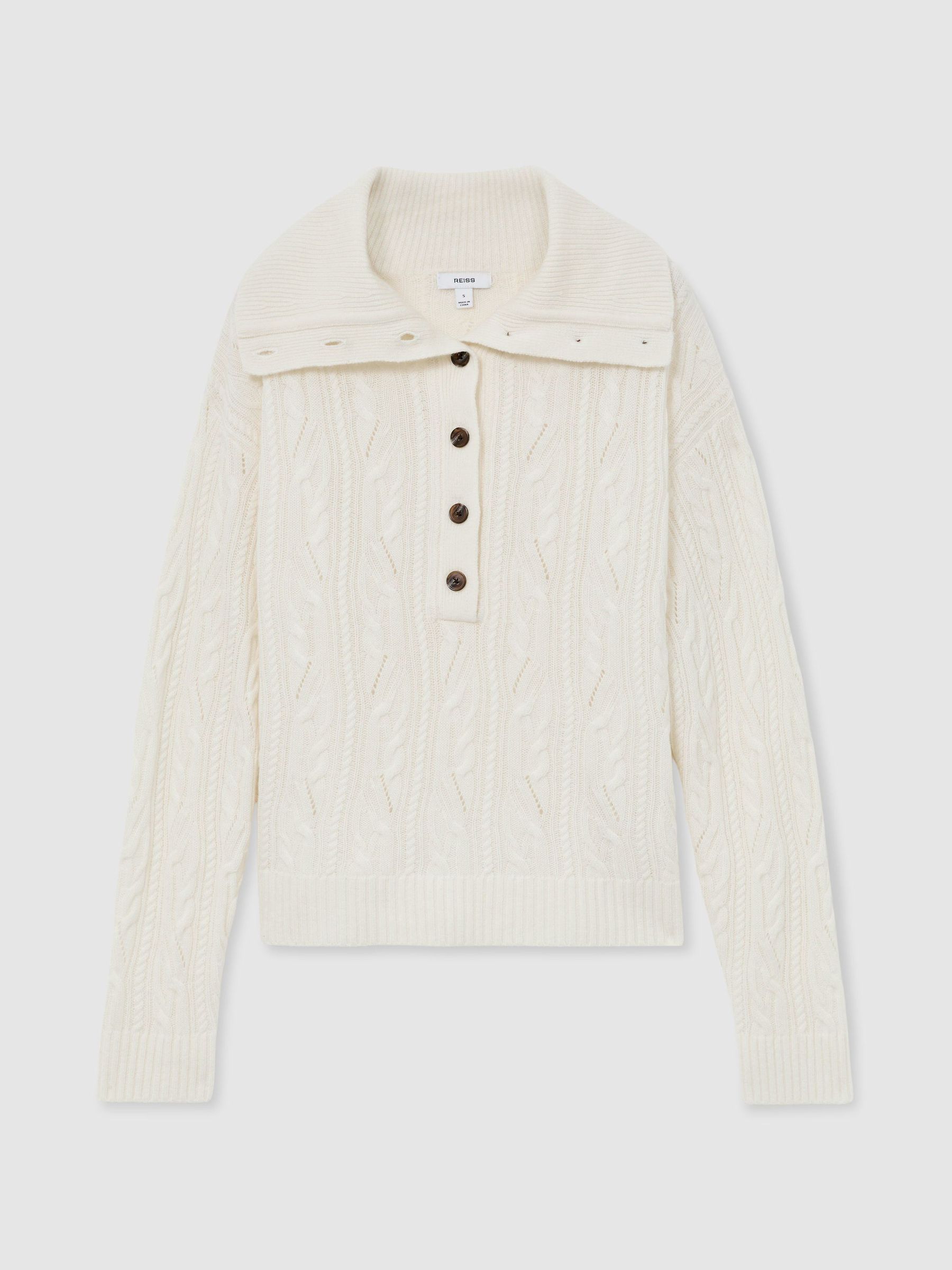 Wool-Cashmere Cable-Knit Half-Button Jumper in Ivory - Image 2 of 7