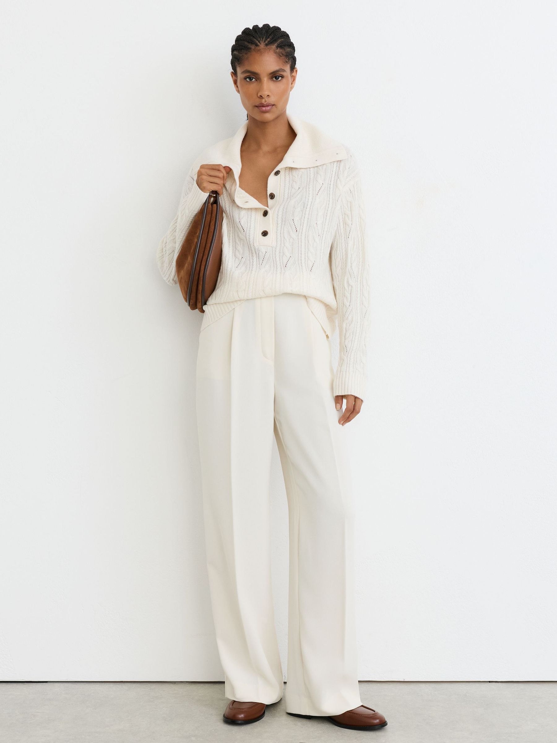Wool-Cashmere Cable-Knit Half-Button Jumper in Ivory - Image 3 of 7