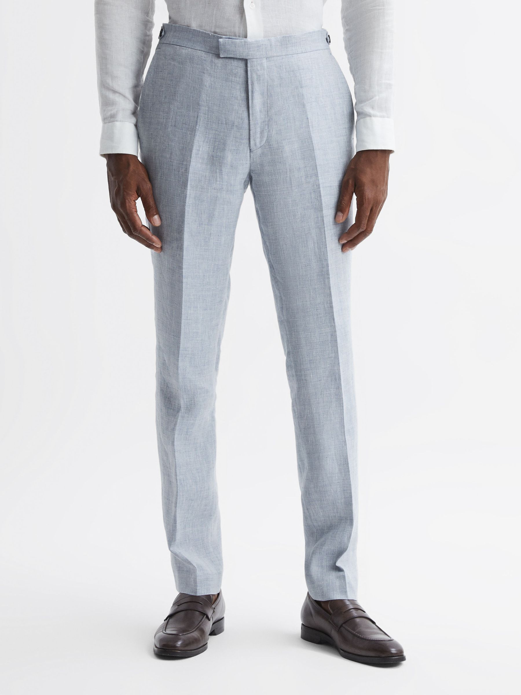 Slim Fit Linen Adjustable Trousers in Blue - Image 3 of 5
