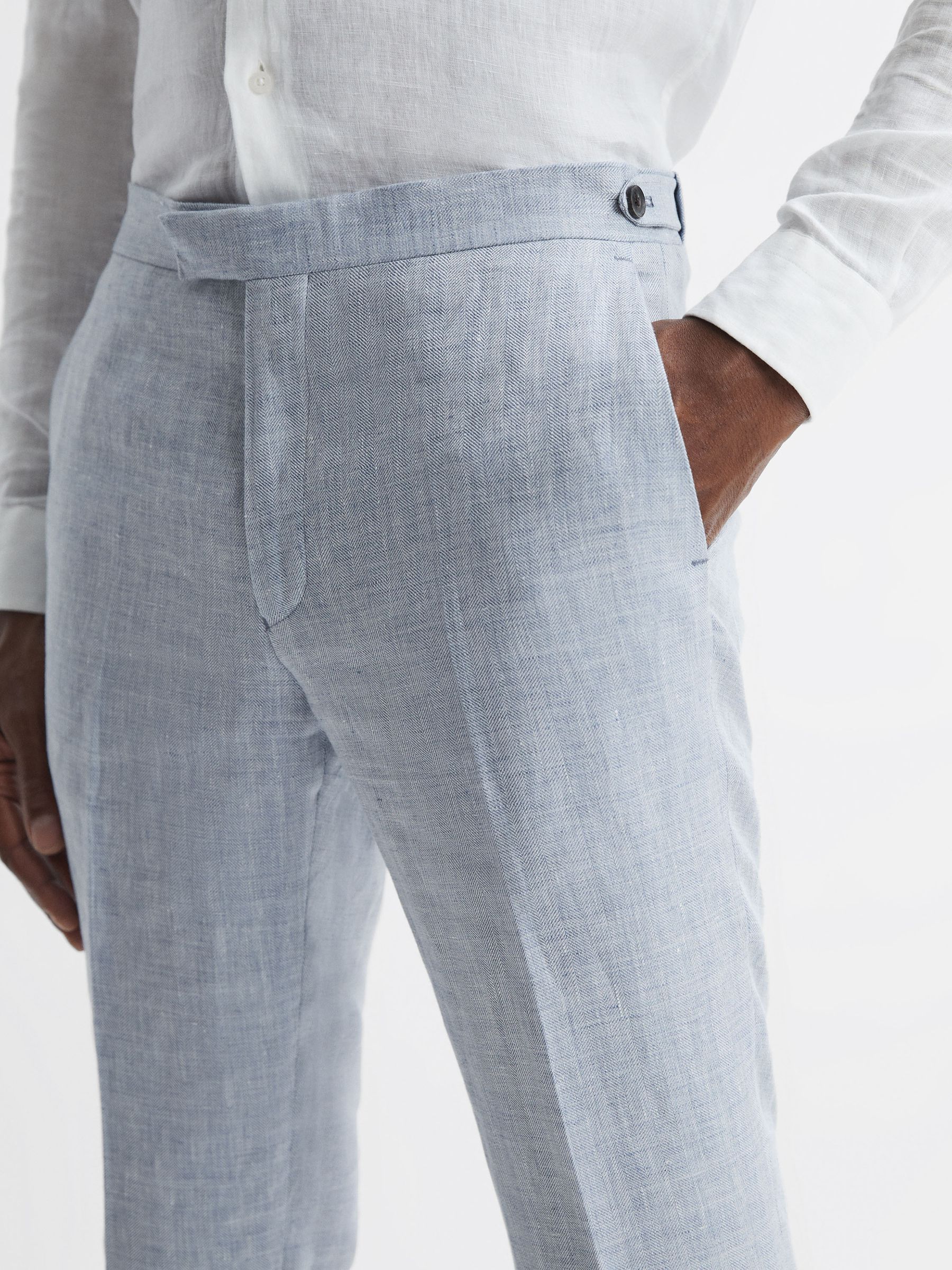 Slim Fit Linen Adjustable Trousers in Blue - Image 5 of 5