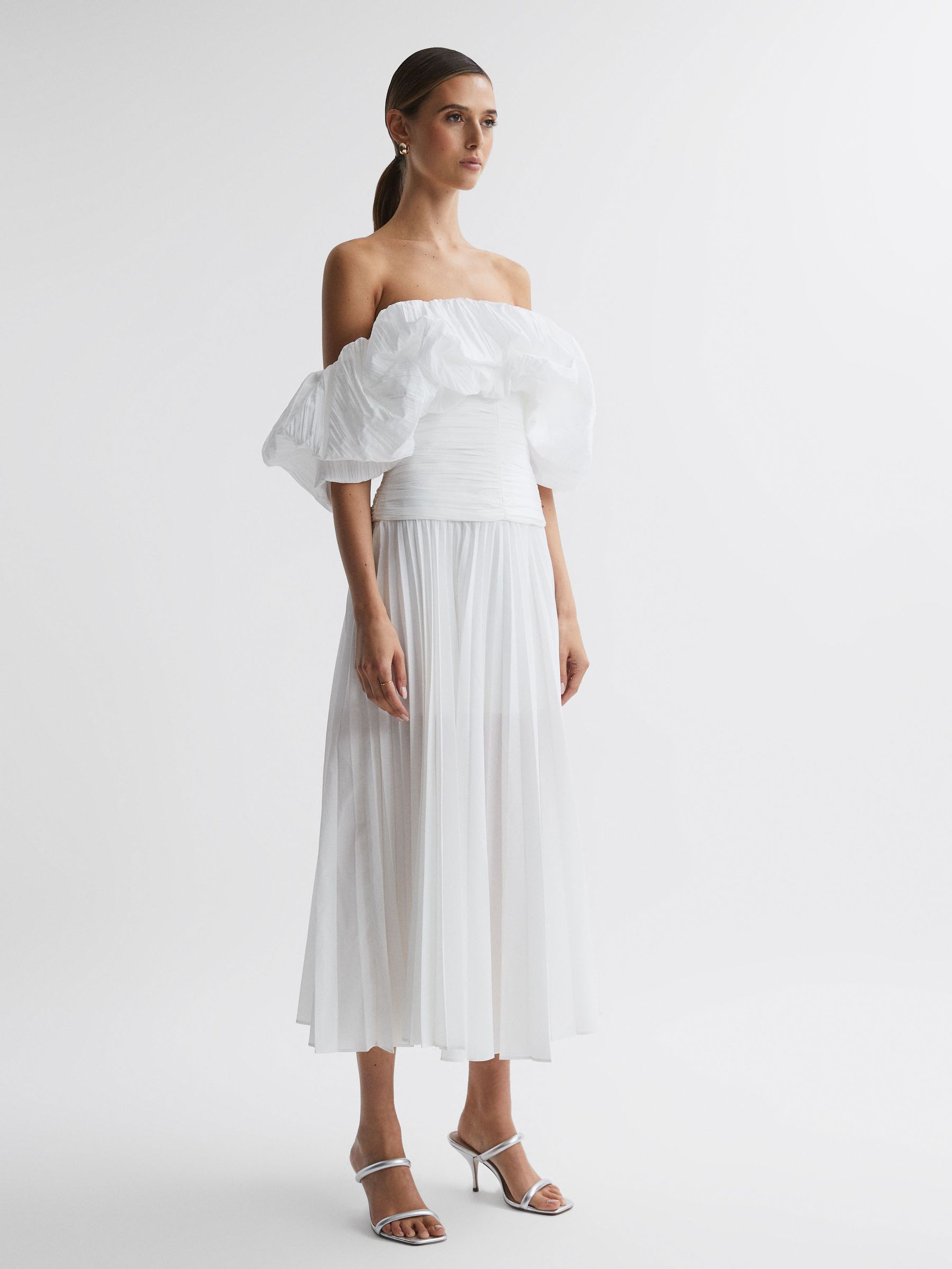 Acler Ivory Pleated Puff Sleeve Midi Dress in Ivory - Image 1 of 5