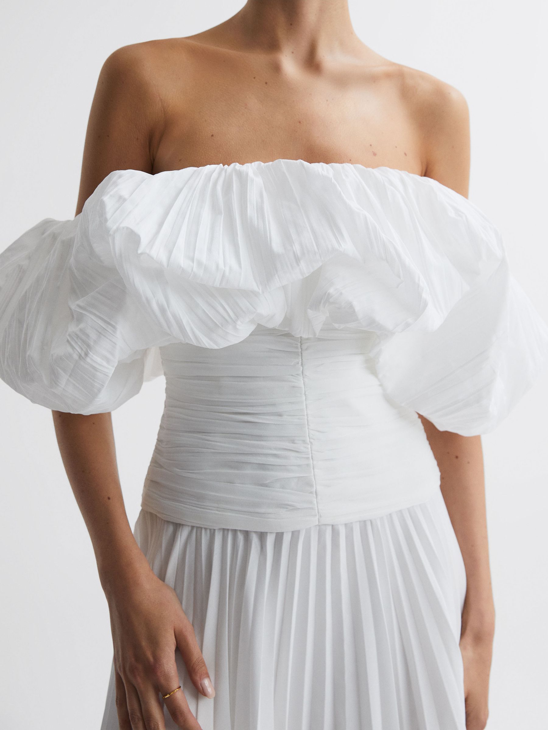 Acler Ivory Pleated Puff Sleeve Midi Dress in Ivory - Image 3 of 5