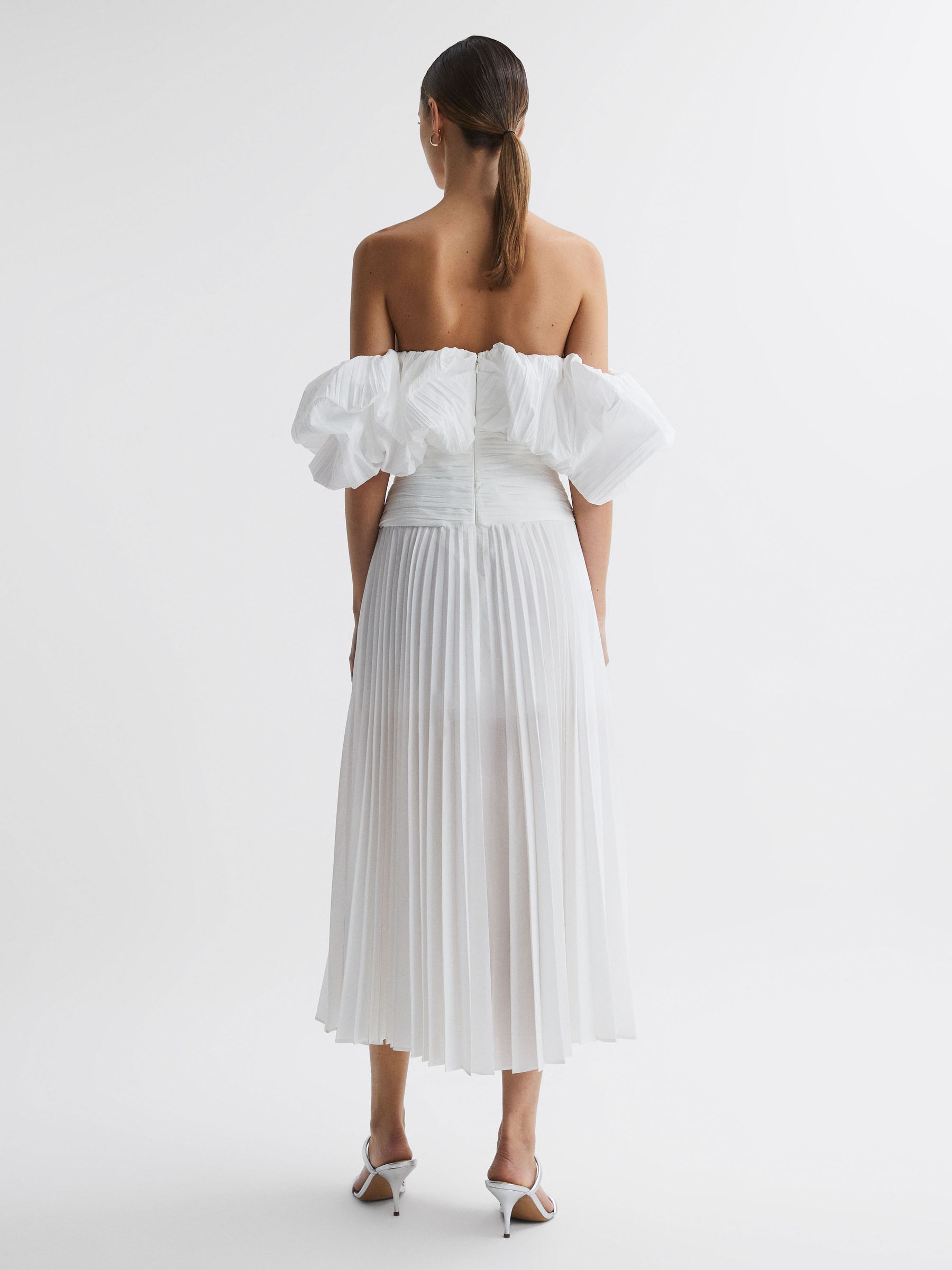 Acler Ivory Pleated Puff Sleeve Midi Dress in Ivory - Image 4 of 5