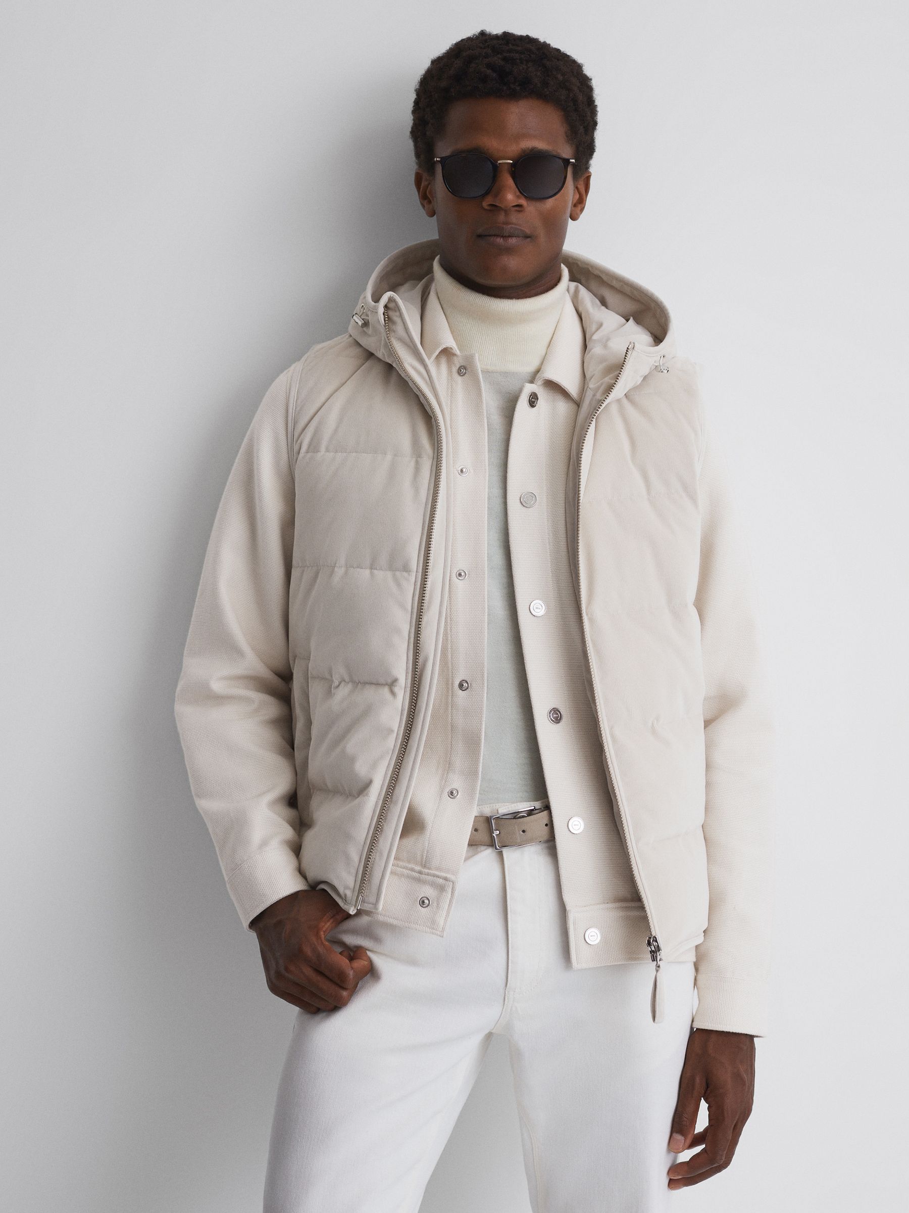 Quilted Hooded Gilet in Stone - Image 1 of 4