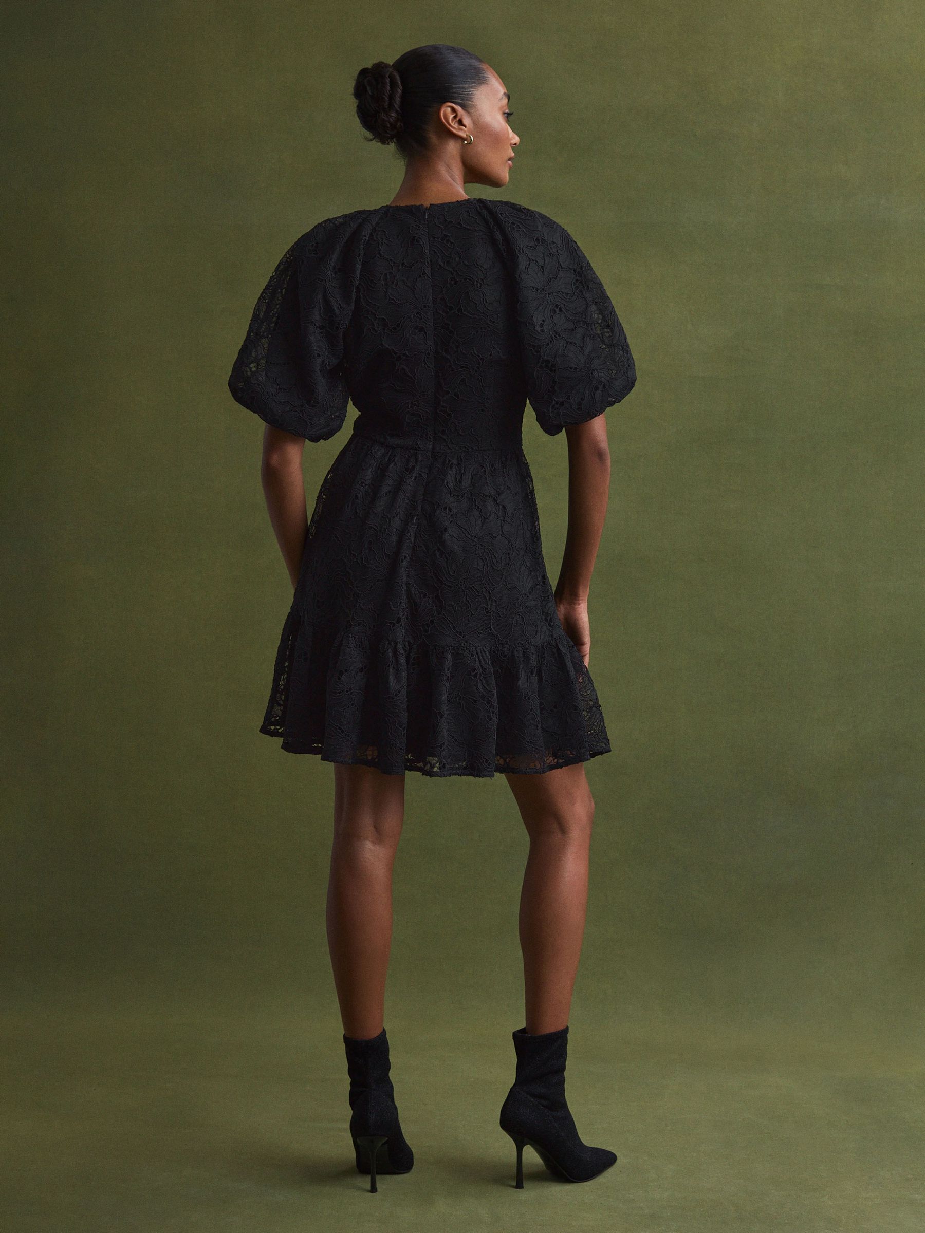Florere Lace Puff Sleeve Mini Dress in Black - Image 4 of 6
