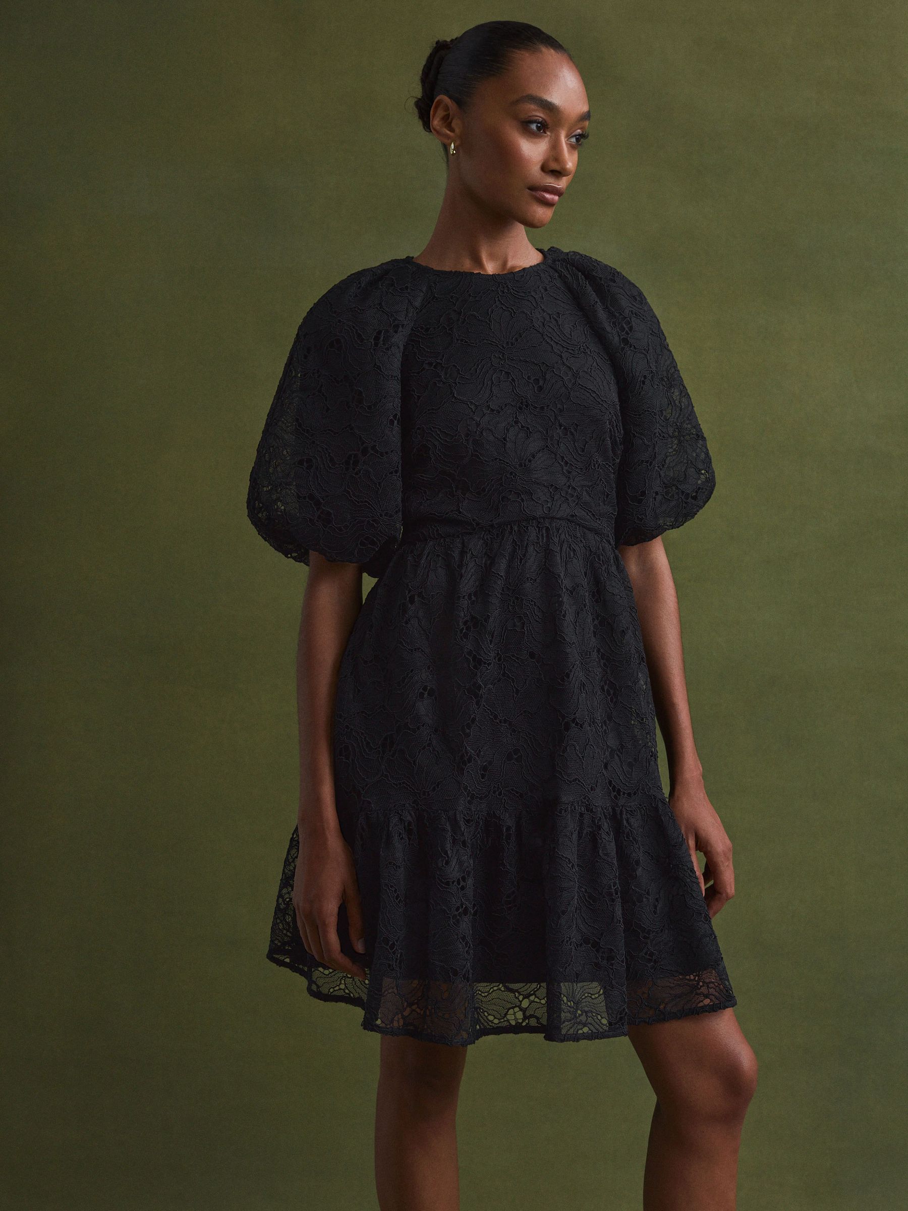 Florere Lace Puff Sleeve Mini Dress in Black - Image 5 of 6