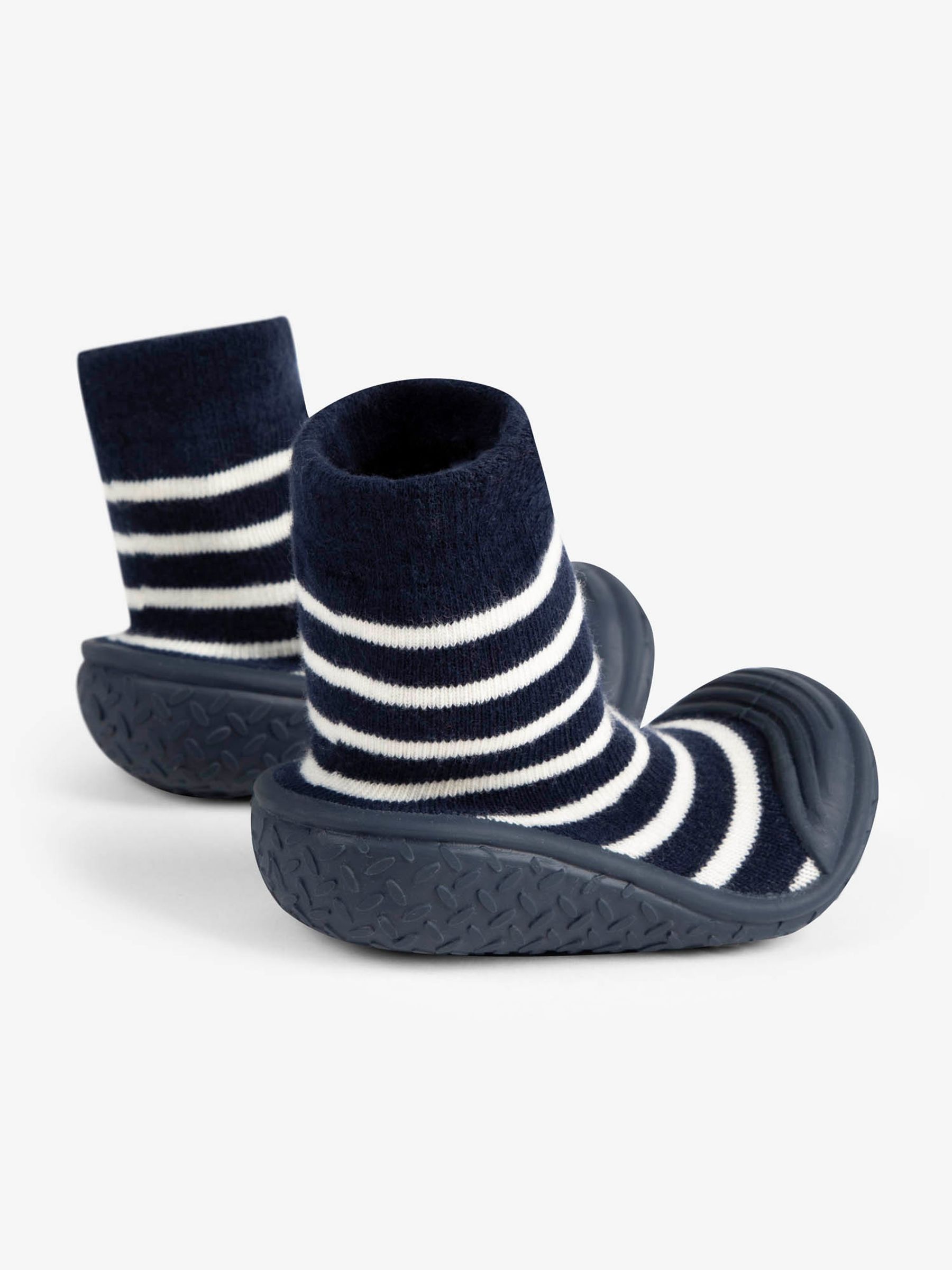 Navy Blue Ecru Cream Stripe Boys' Stripe Indoor Outdoor Slipper Socks - Image 2 of 4
