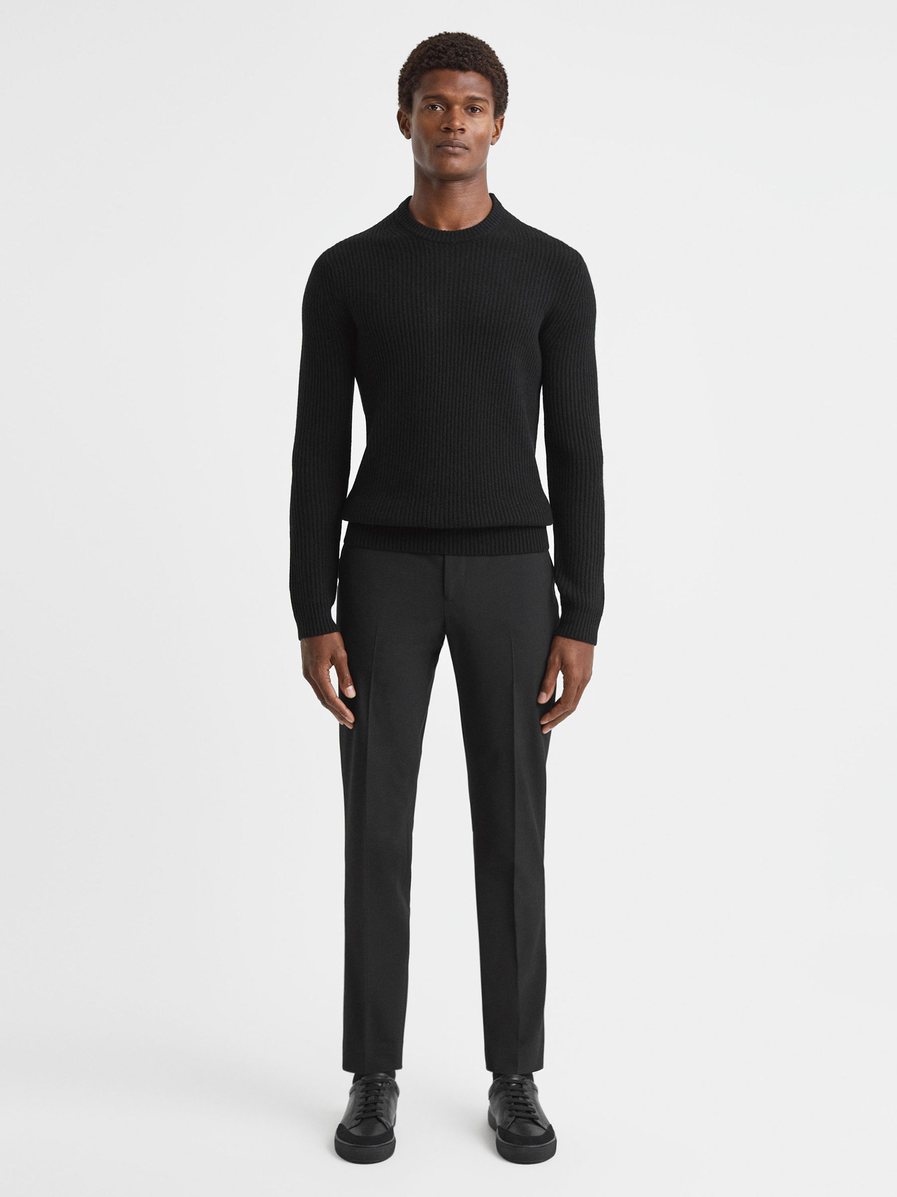 Atelier Cashmere Ribbed Crew Neck Jumper in Black - Image 1 of 4