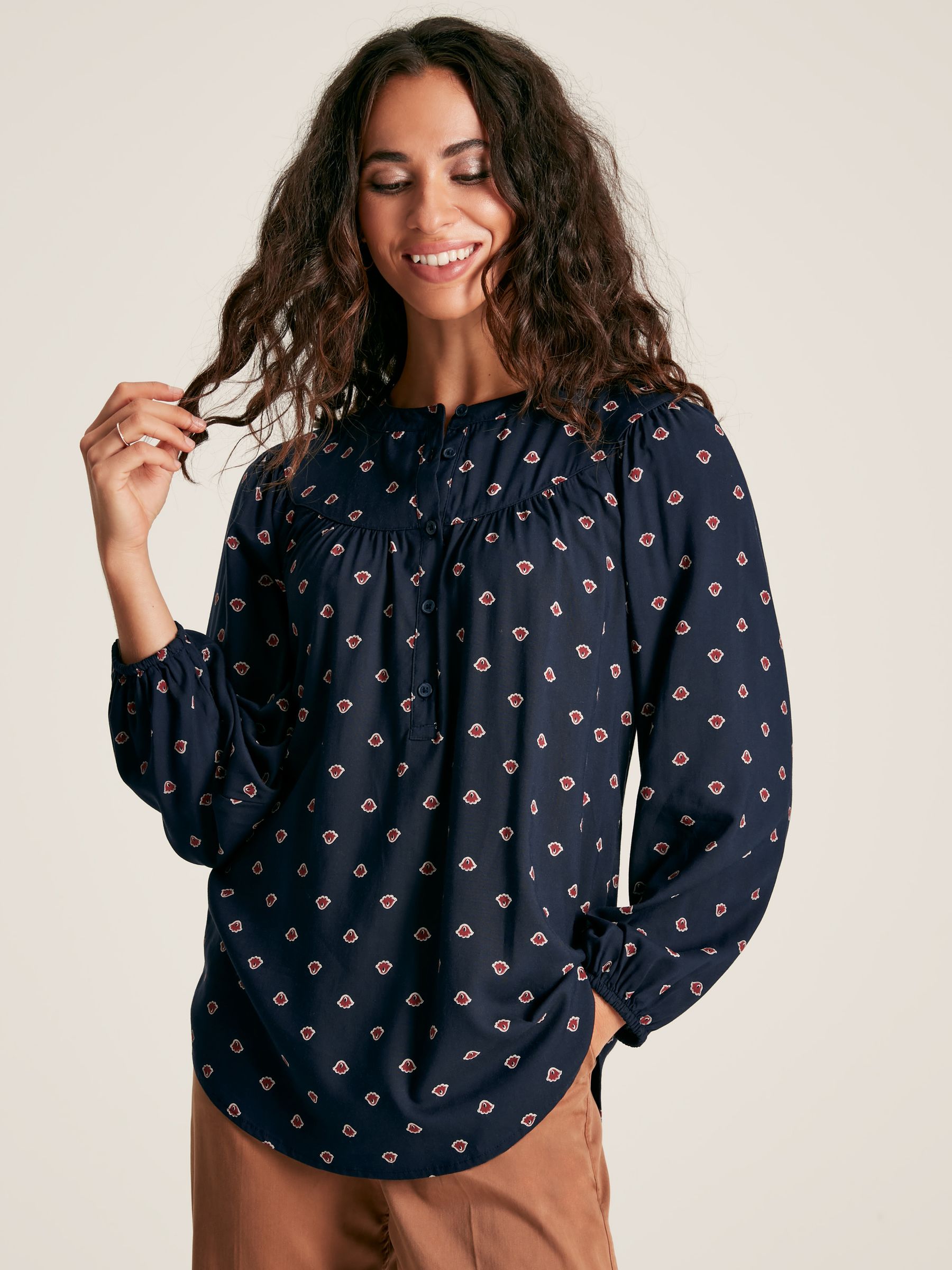 Myra Navy Printed Balloon Sleeve Blouse - Image 1 of 7