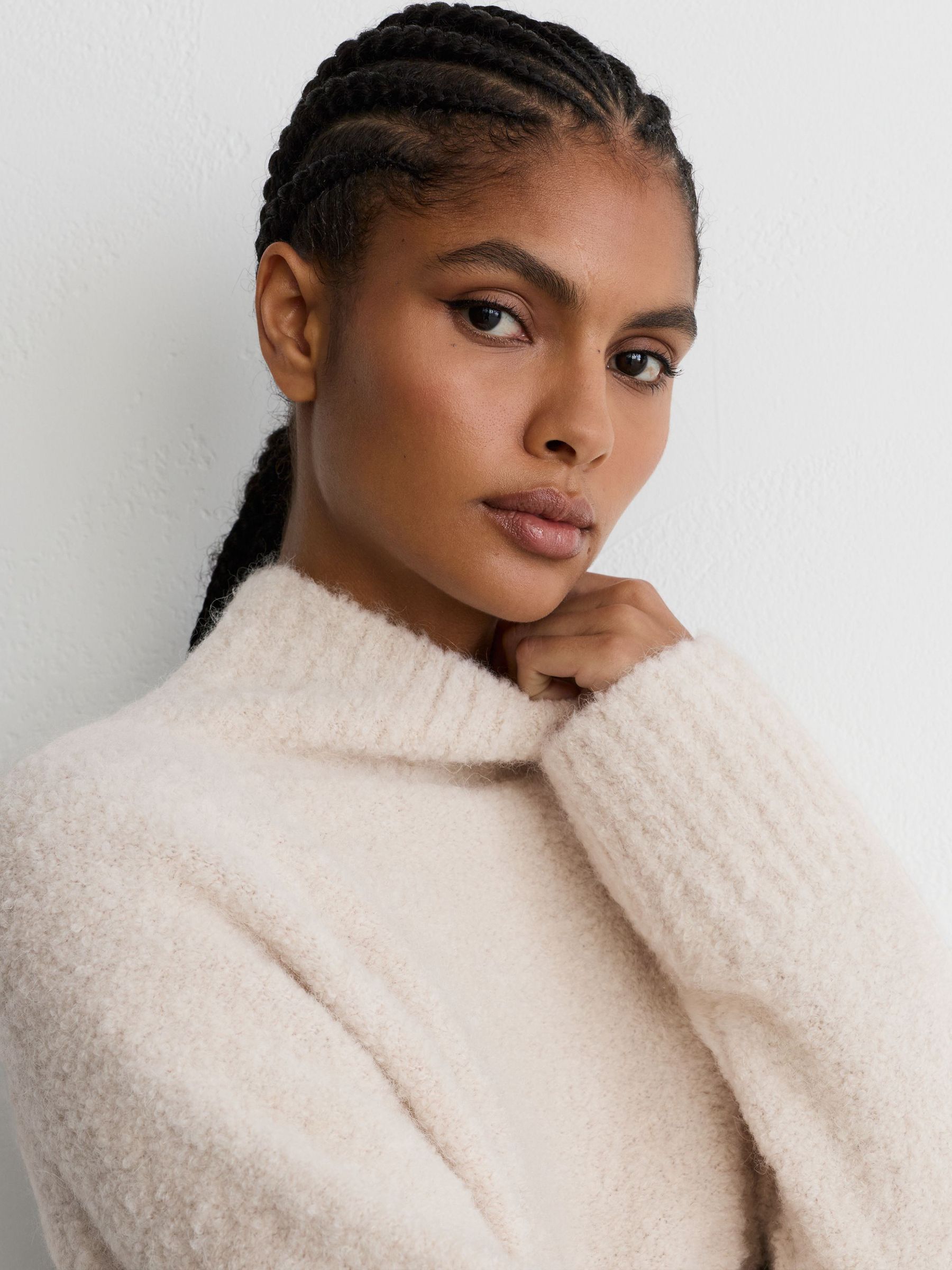 Wool-Blend Bouclé Funnel-Neck Jumper in Stone Neutral - Image 1 of 8 Wool-Blend Bouclé Funnel-Neck Jumper in Stone Neutral - Image 1 of 8