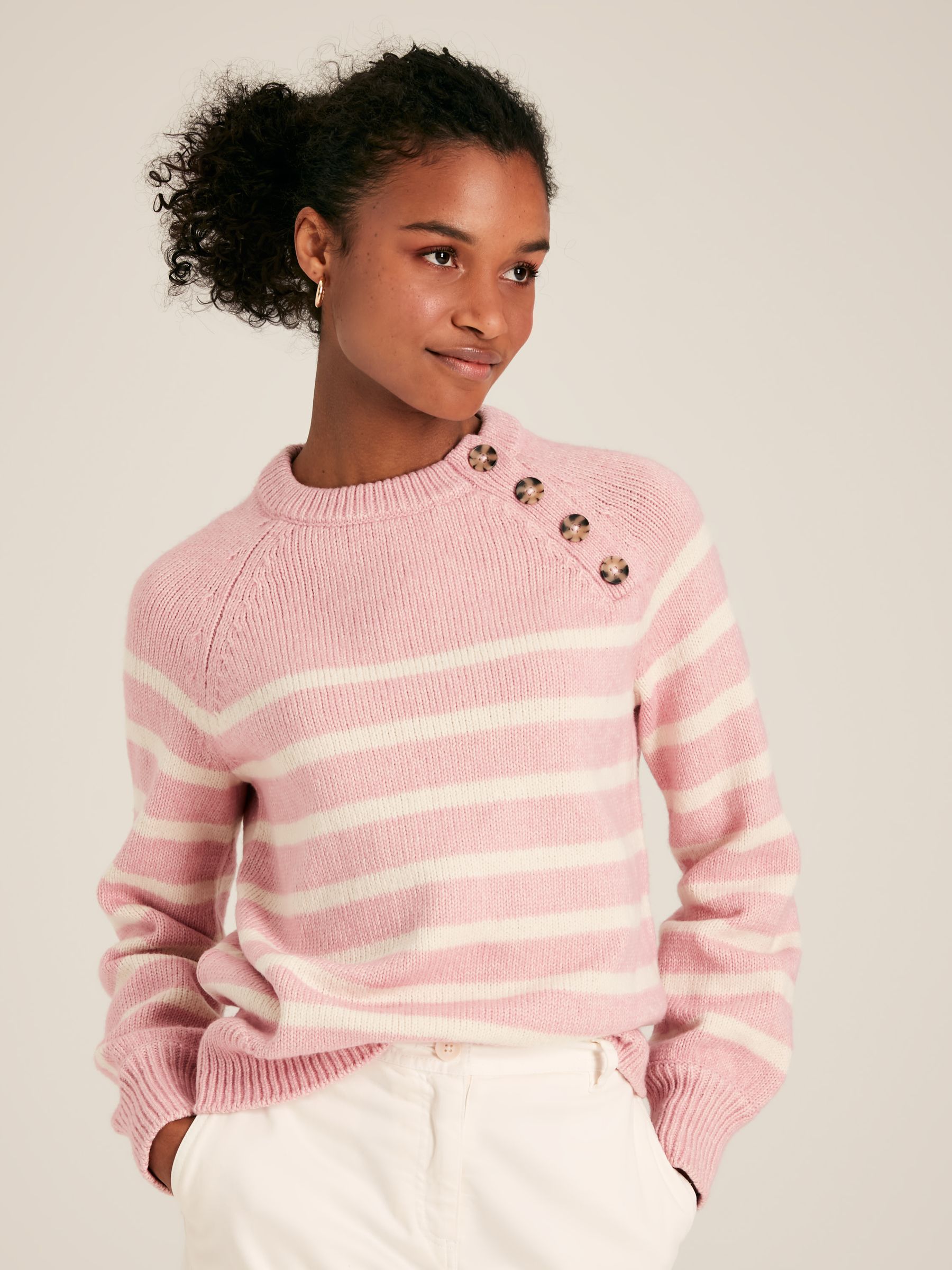Agnes Pink Striped Button Neck Jumper - Image 1 of 6