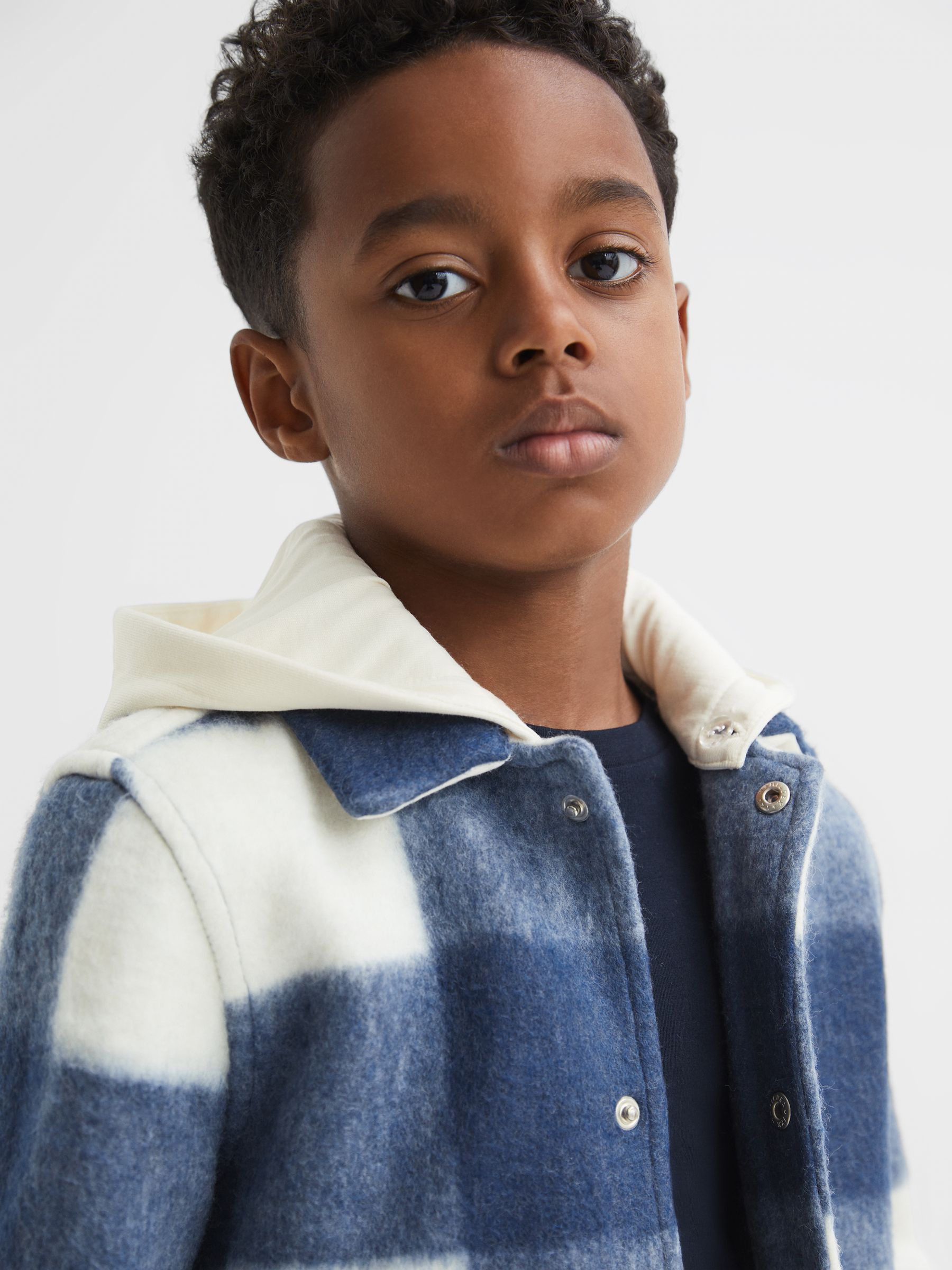 Junior Brushed Removable Hood Check Jacket in Blue - Image 1 of 8