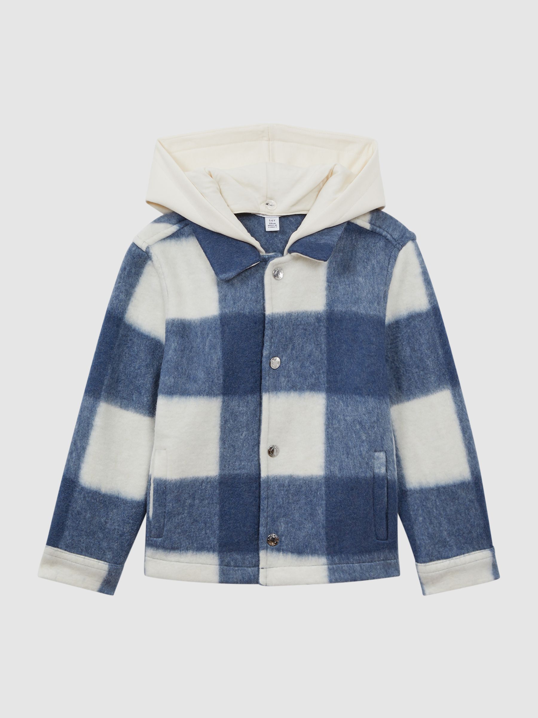 Junior Brushed Removable Hood Check Jacket in Blue - Image 2 of 8
