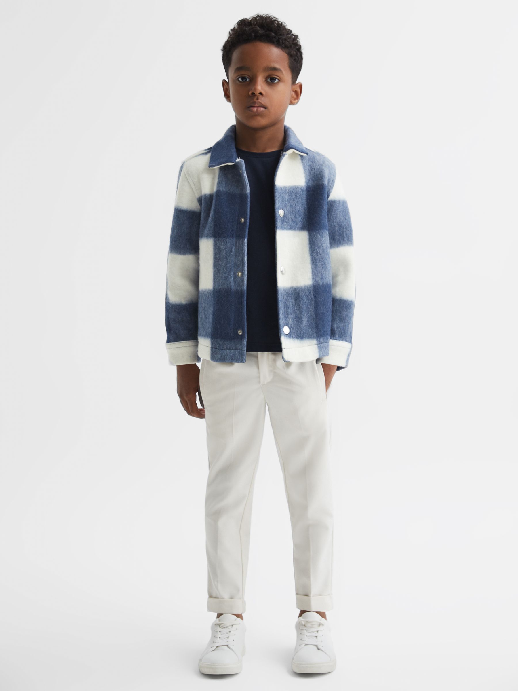 Junior Brushed Removable Hood Check Jacket in Blue - Image 3 of 8