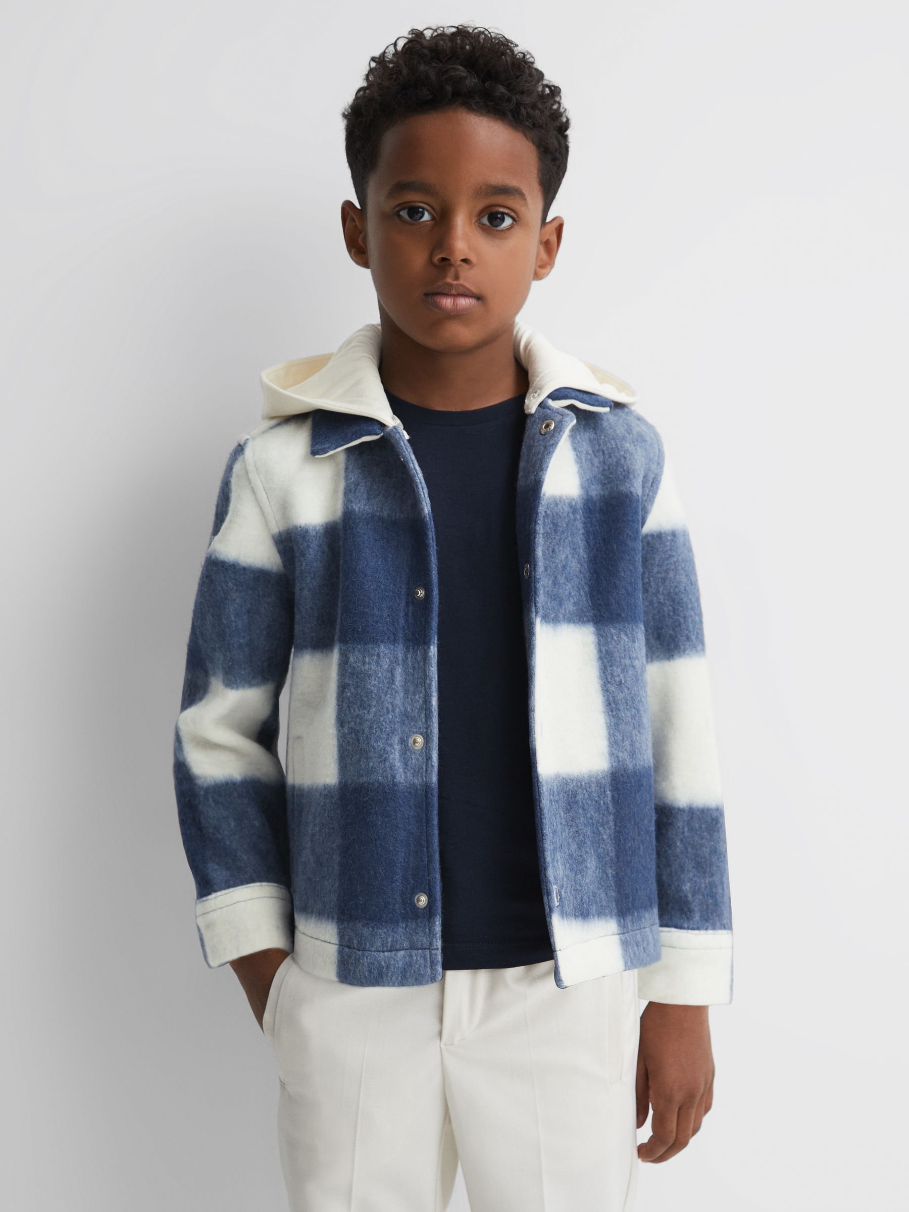 Junior Brushed Removable Hood Check Jacket in Blue - Image 4 of 8