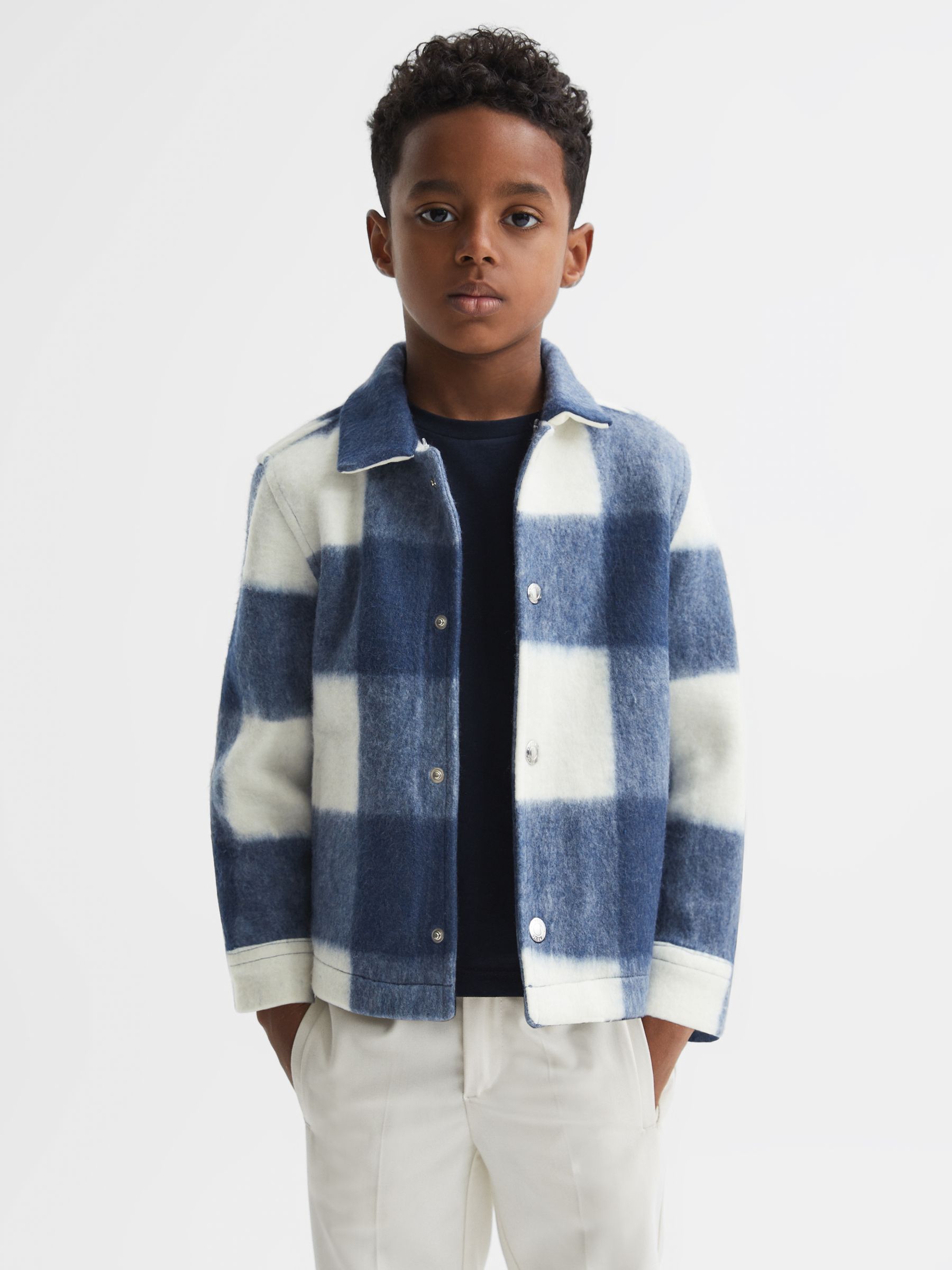 Junior Brushed Removable Hood Check Jacket in Blue - Image 5 of 8