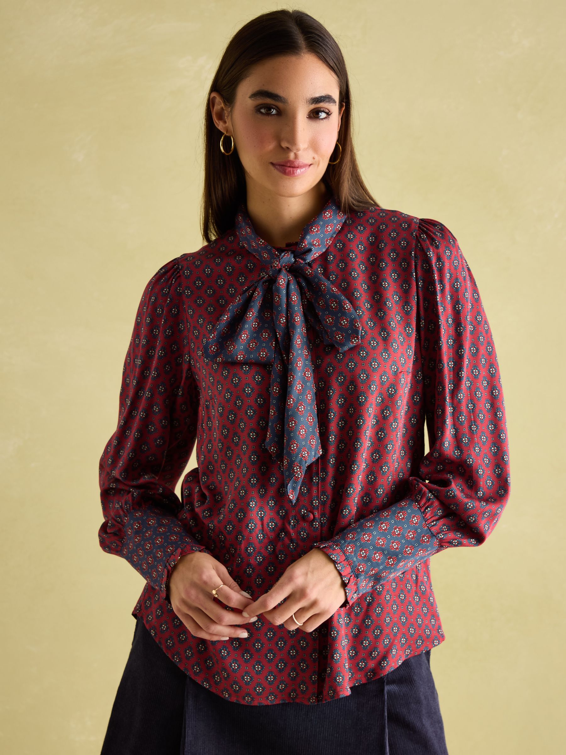 Everly Red Tie Neck Blouse - Image 1 of 6