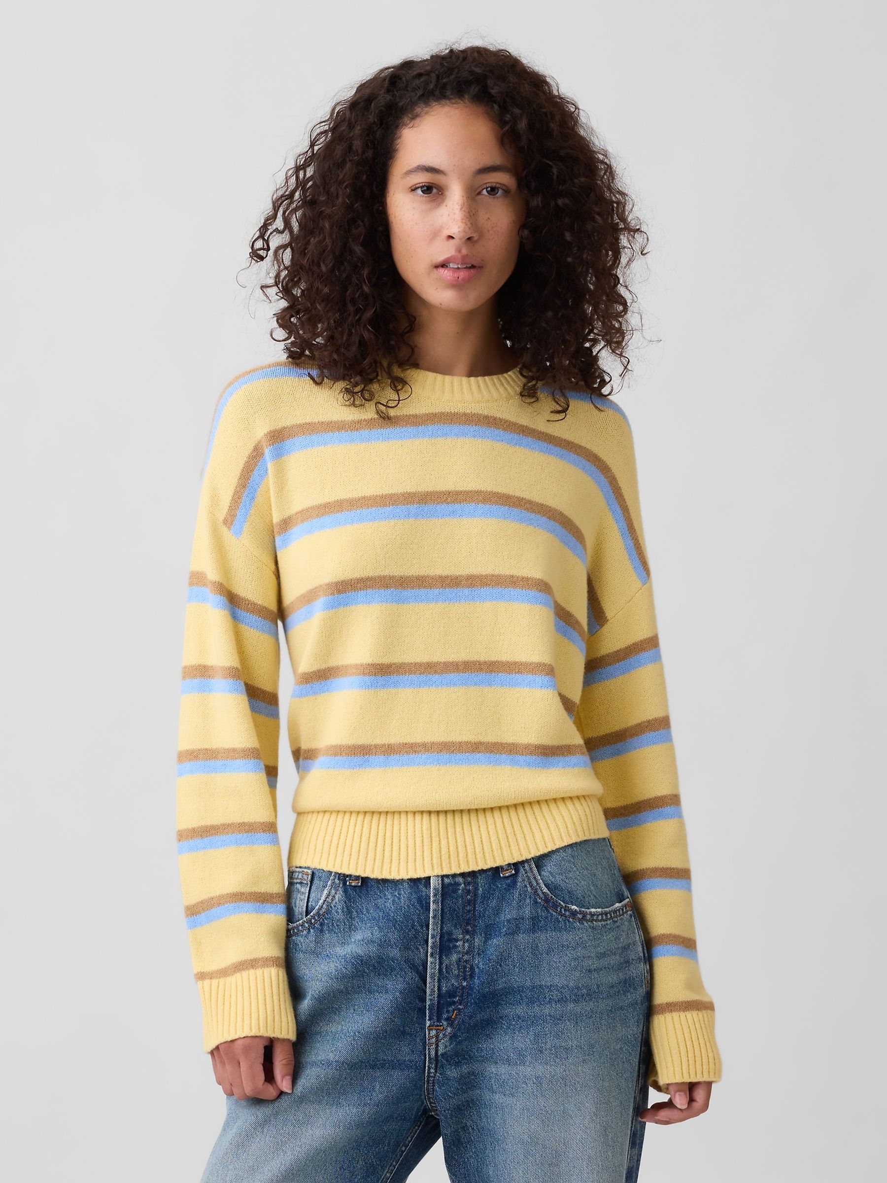 Yellow Stripe CashSoft Relaxed Crew Neck Jumper - Image 1 of 5 Yellow Stripe CashSoft Relaxed Crew Neck Jumper - Image 1 of 5