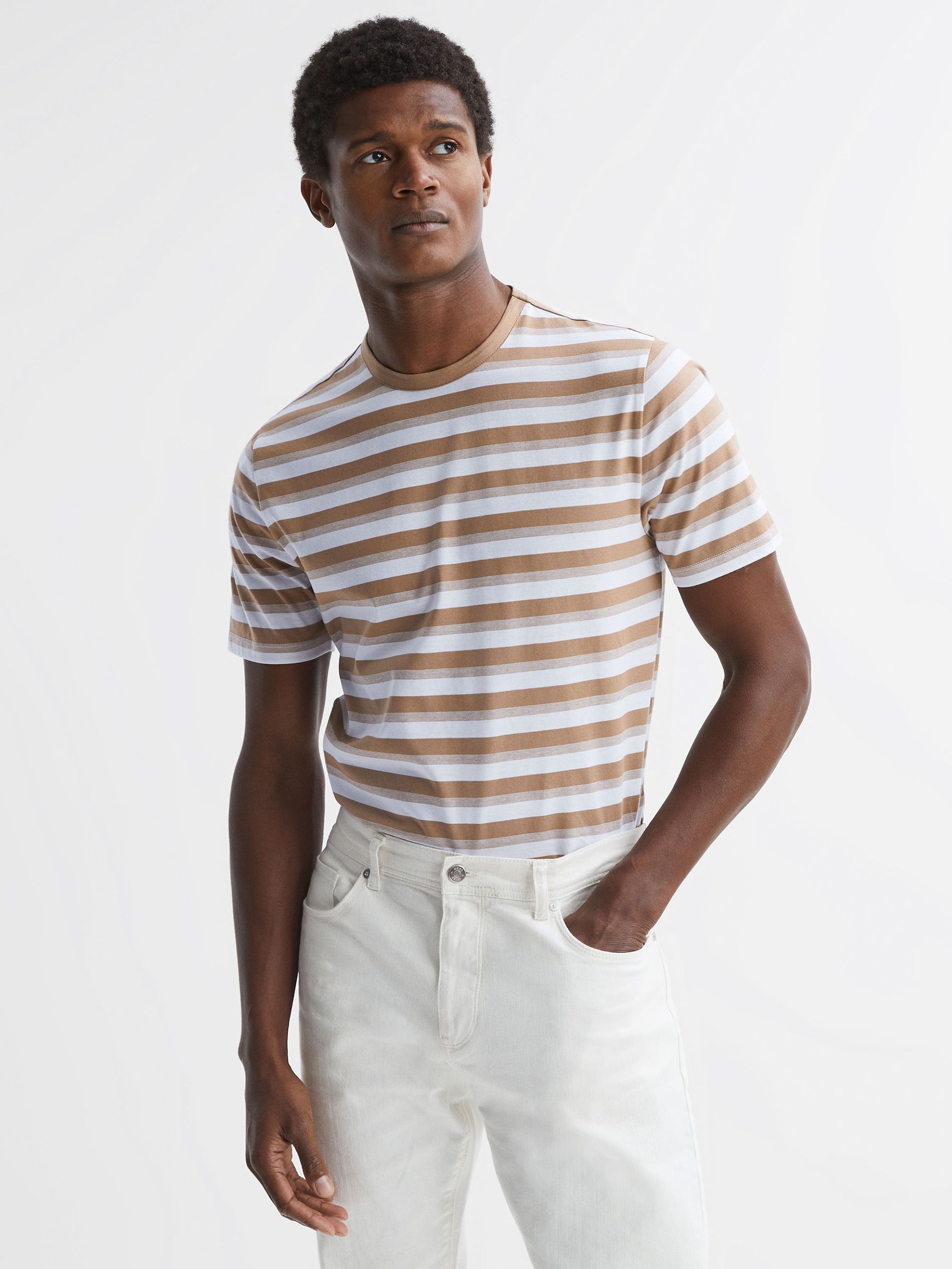 Cotton Crew Neck Striped T-Shirt in Camel/White - Image 1 of 5