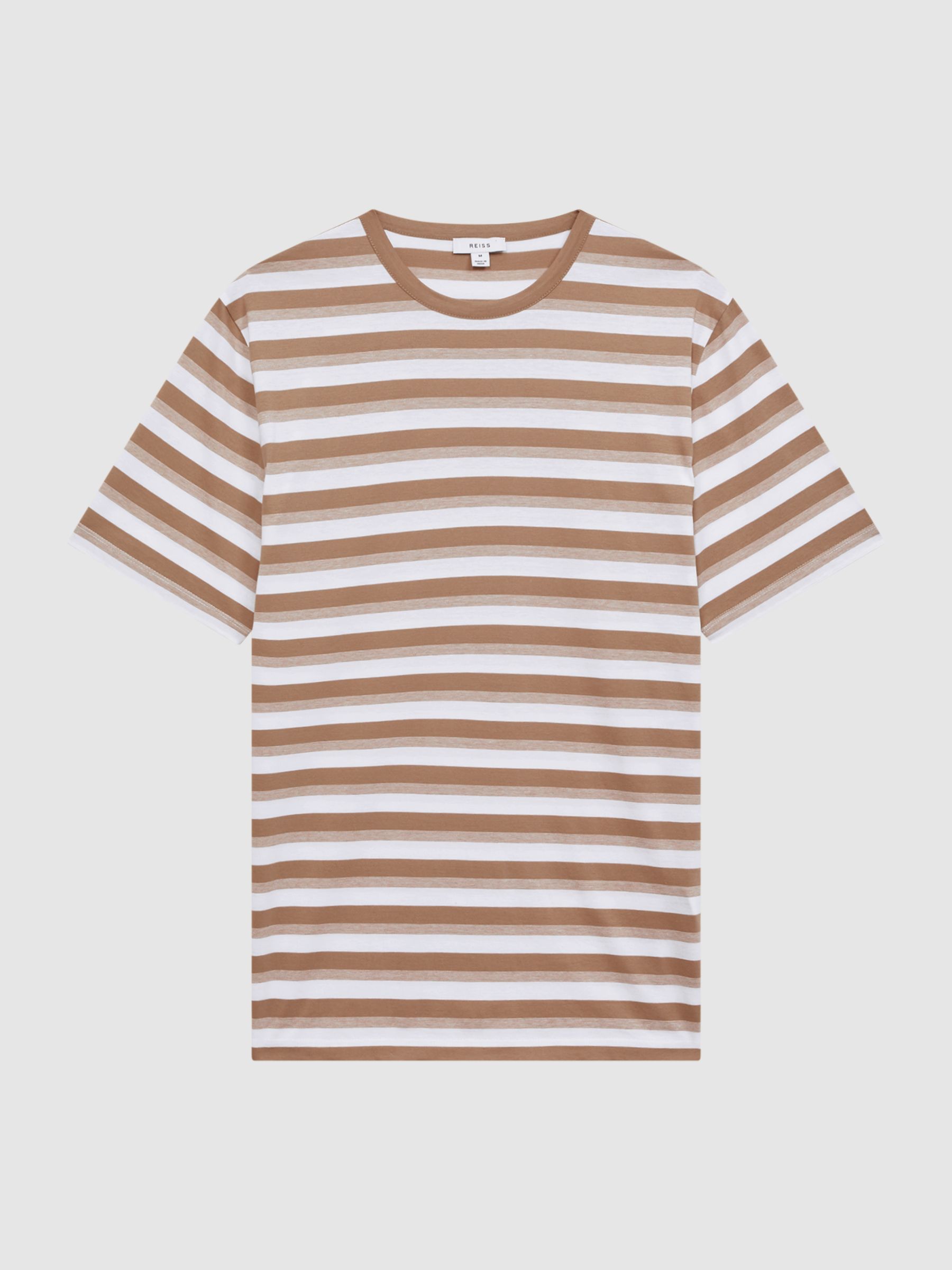 Cotton Crew Neck Striped T-Shirt in Camel/White - Image 2 of 5