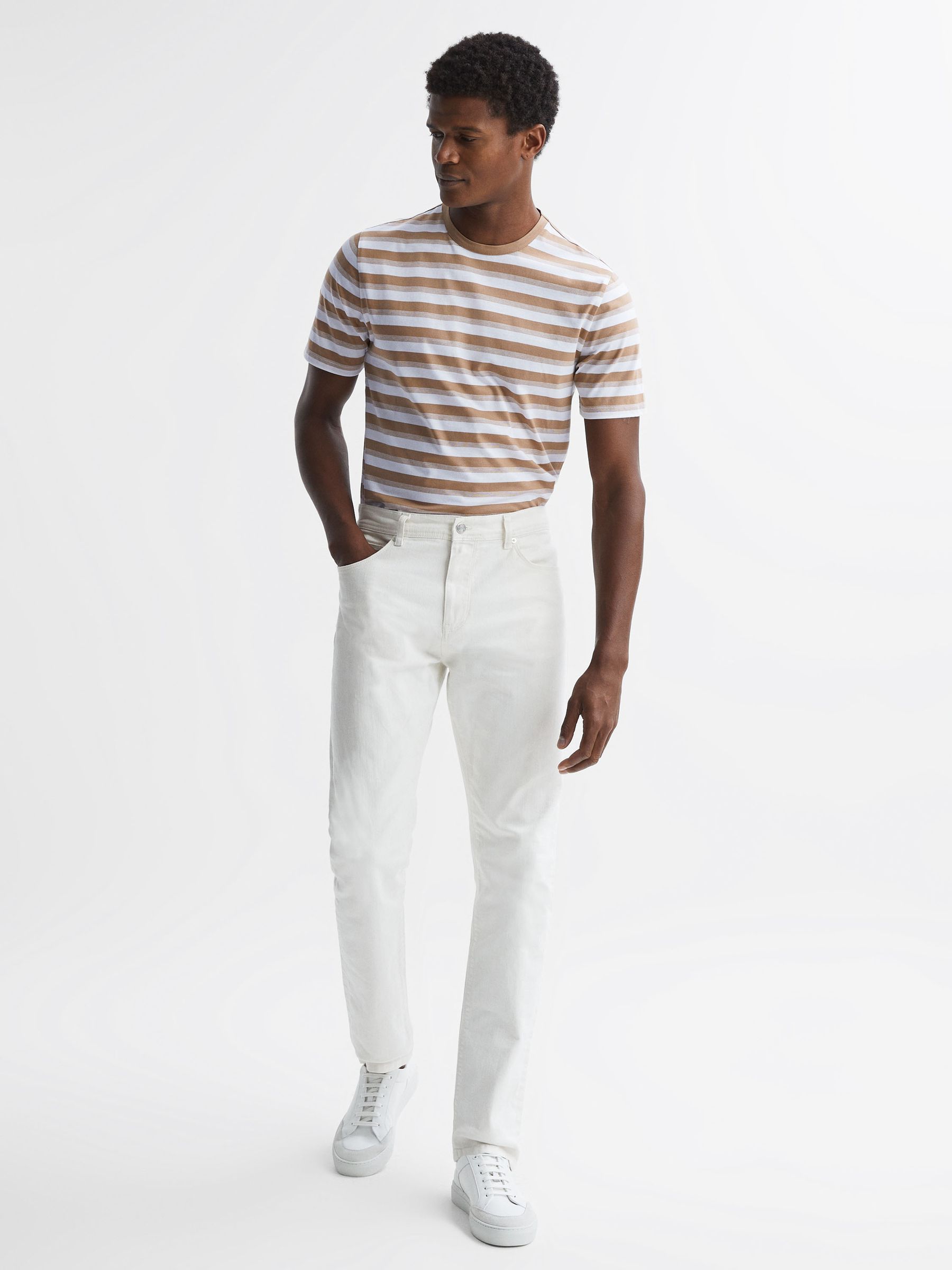 Cotton Crew Neck Striped T-Shirt in Camel/White - Image 3 of 5