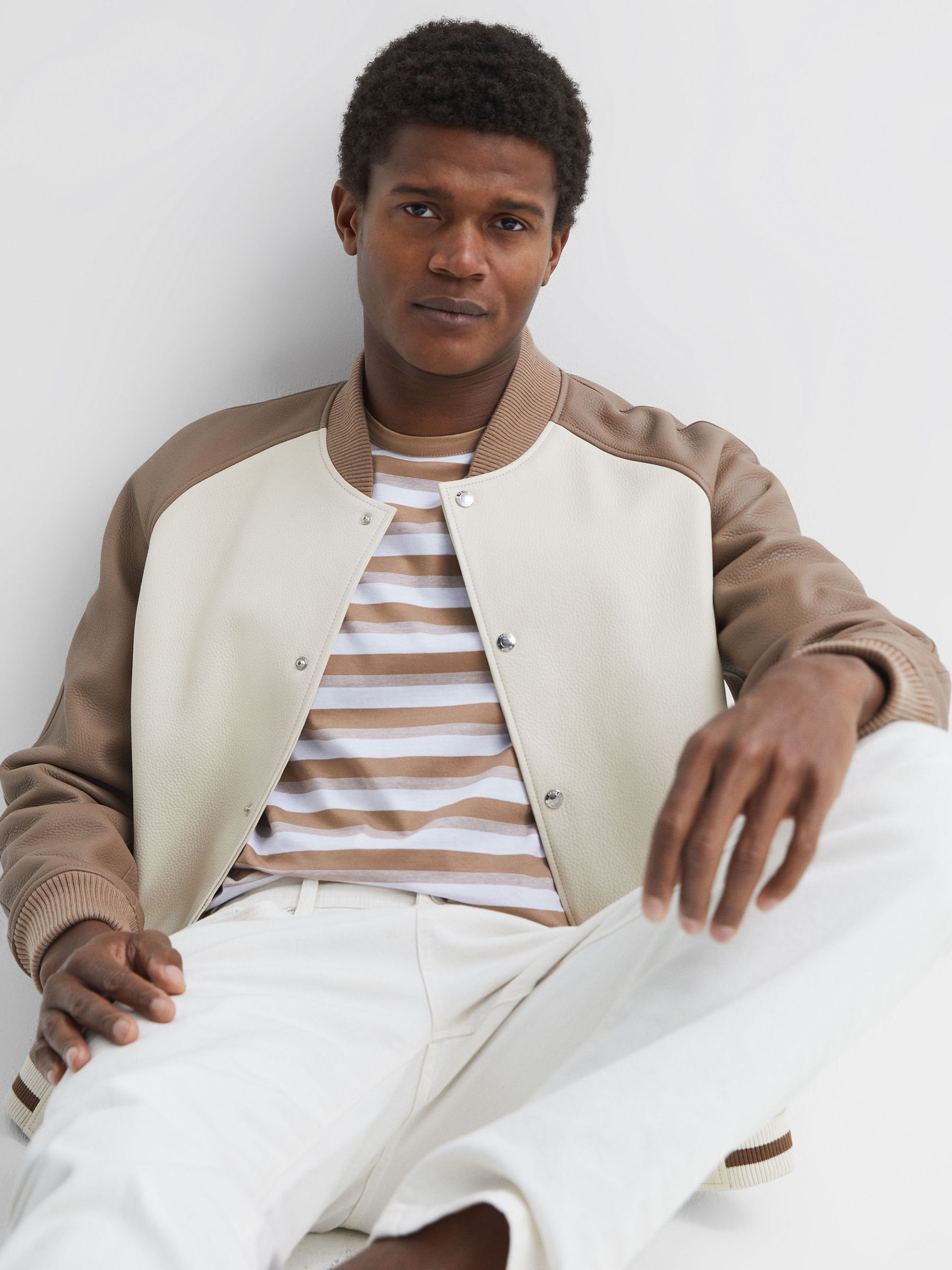 Cotton Crew Neck Striped T-Shirt in Camel/White - Image 4 of 5