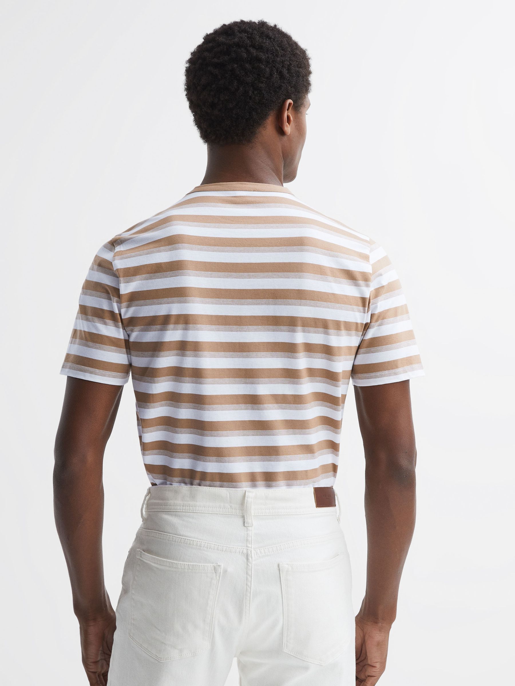 Cotton Crew Neck Striped T-Shirt in Camel/White - Image 5 of 5
