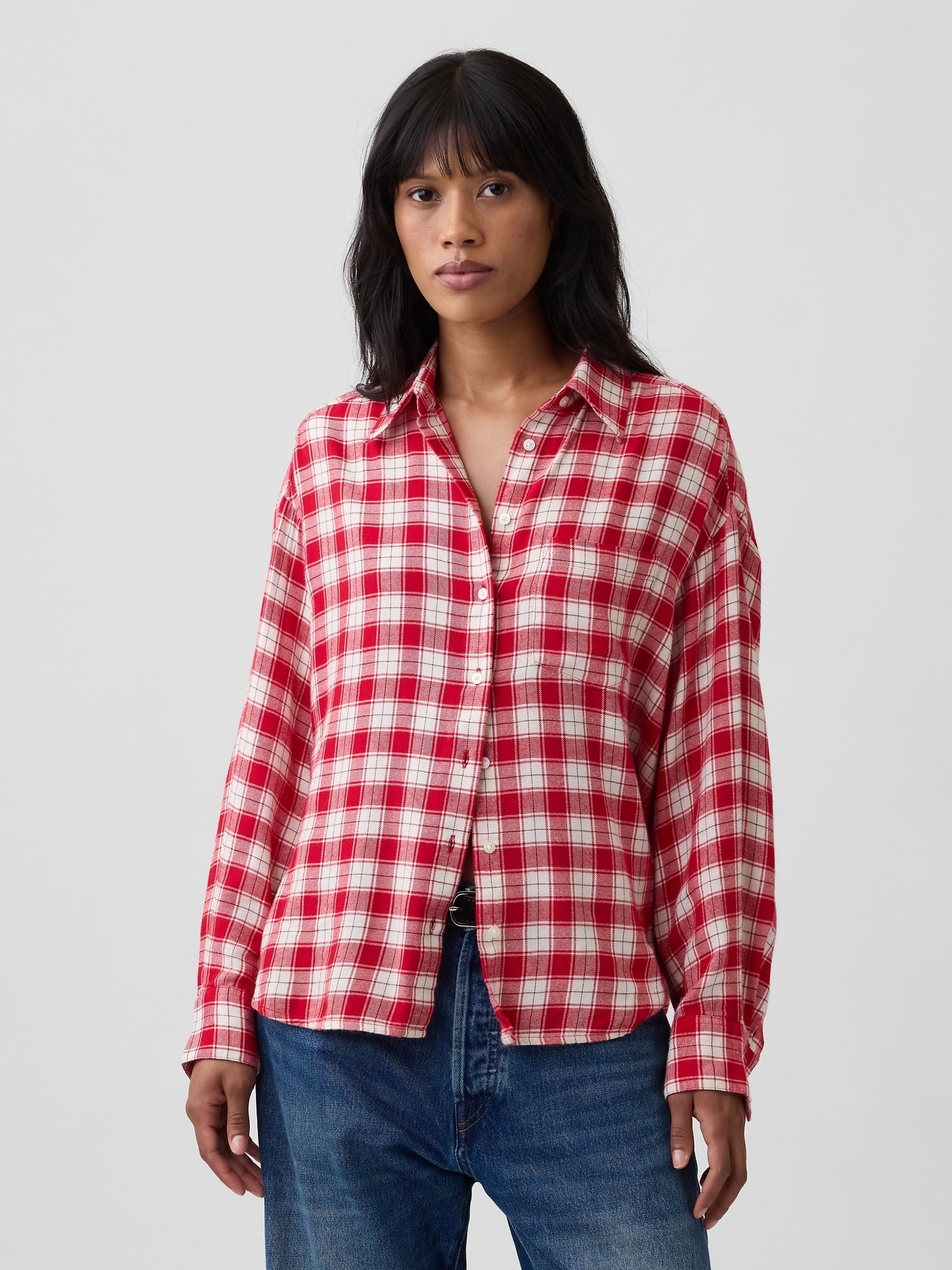 Red Check Oversized Flannel Shirt - Image 1 of 5