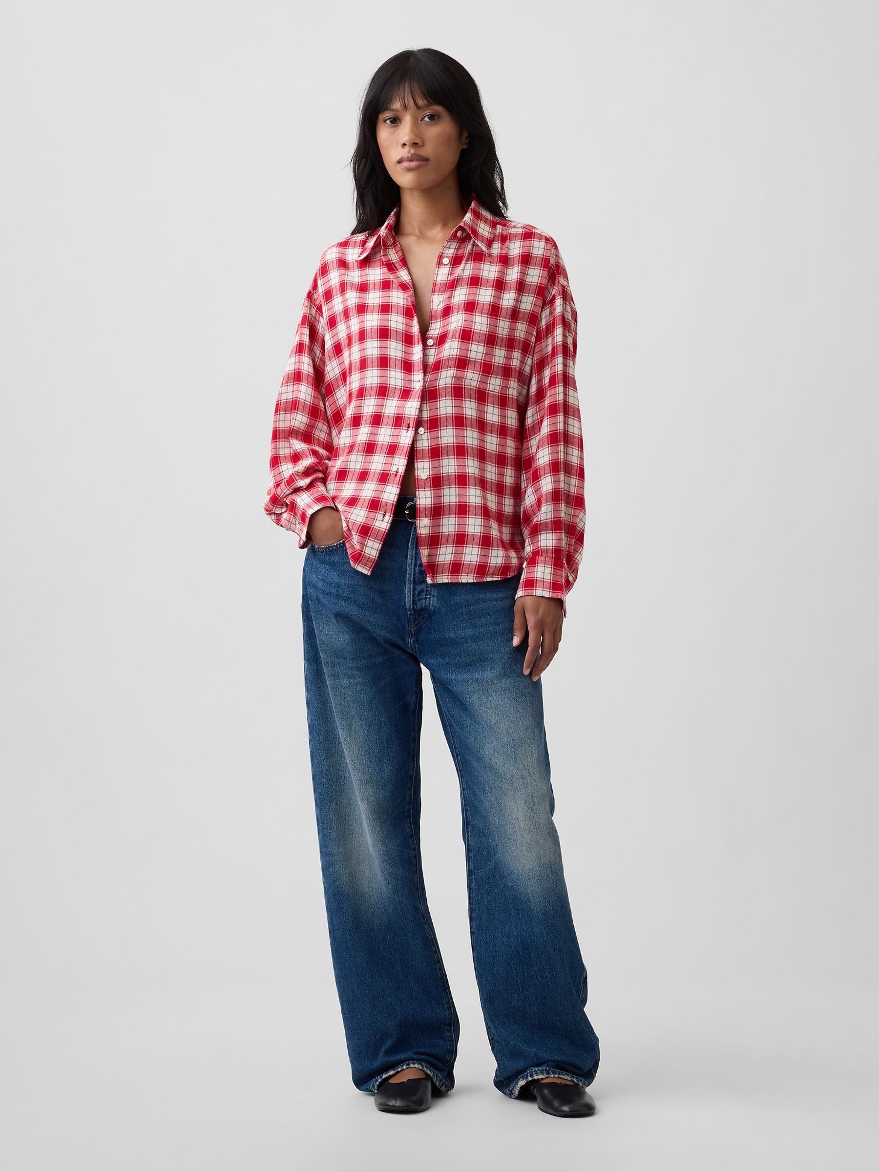 Red Check Oversized Flannel Shirt - Image 3 of 5