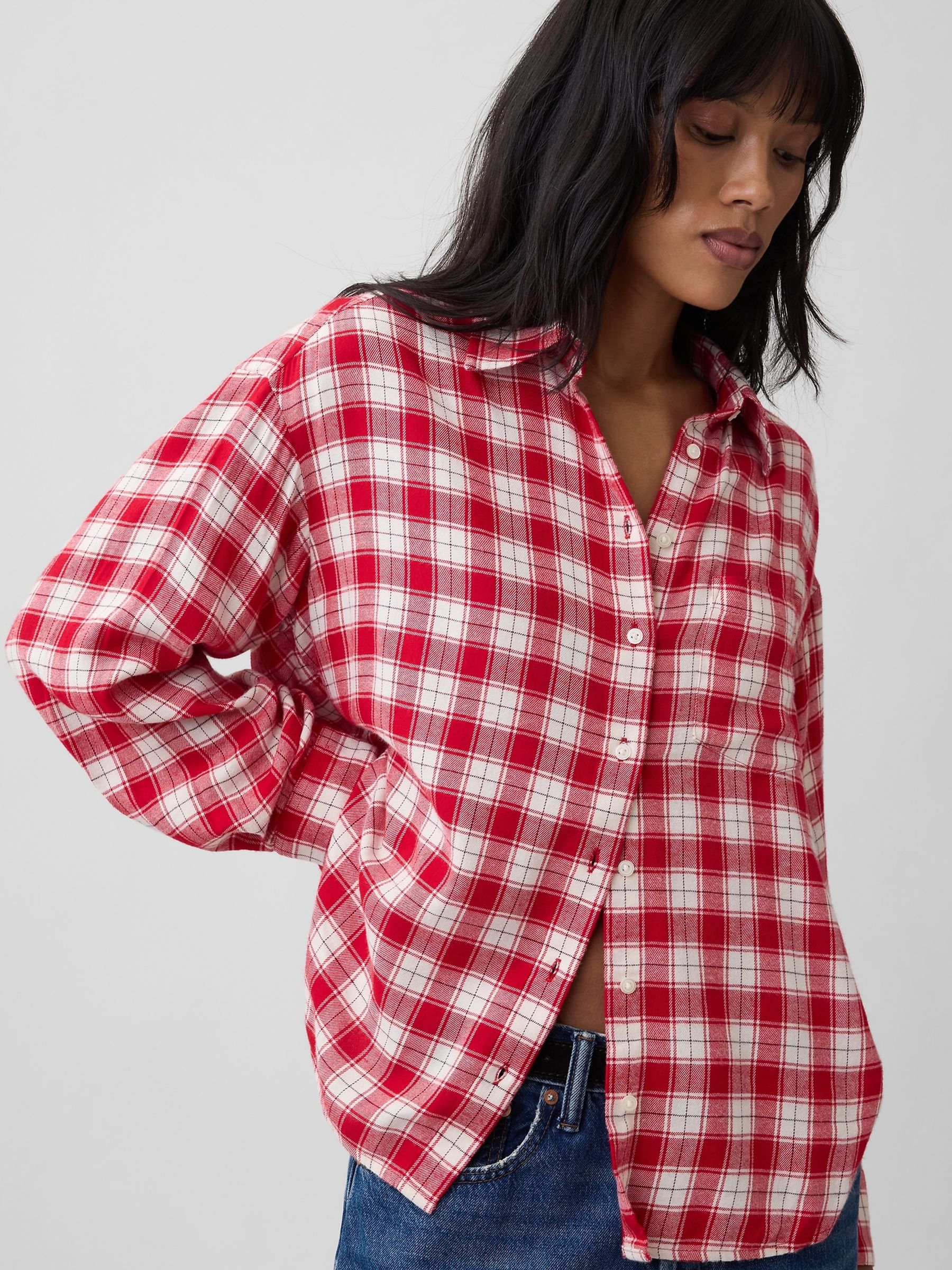 Red Check Oversized Flannel Shirt - Image 4 of 5