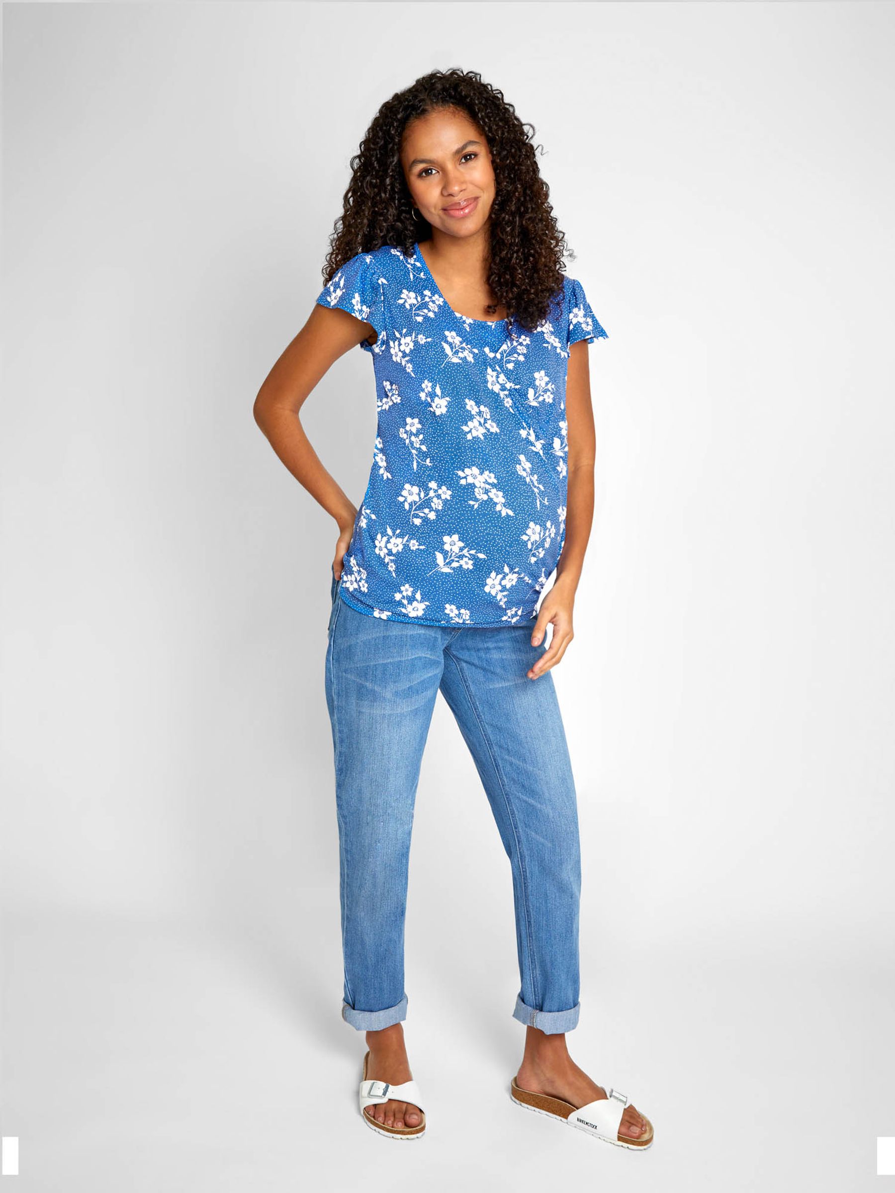 Blue Floral Print Wrap Maternity & Nursing T-Shirt - Image 1 of 5