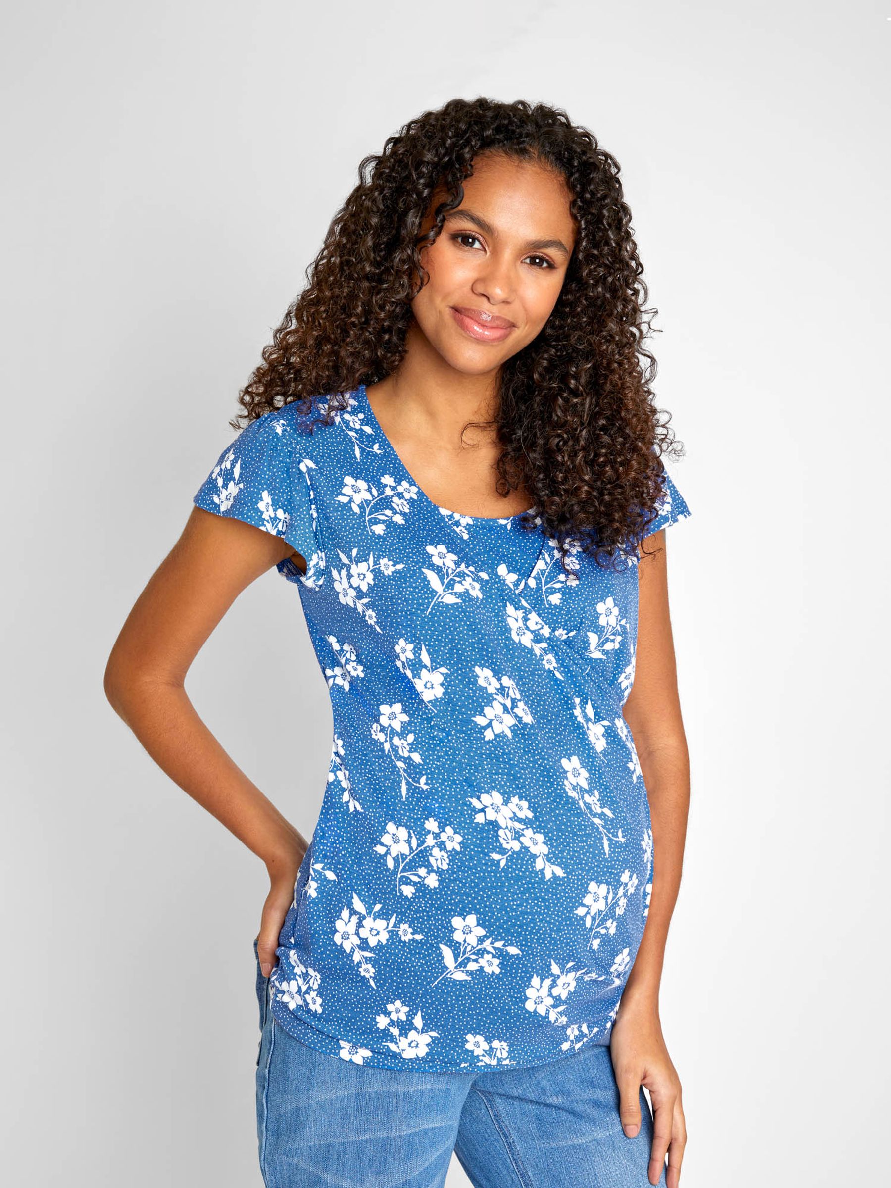 Blue Floral Print Wrap Maternity & Nursing T-Shirt - Image 3 of 5