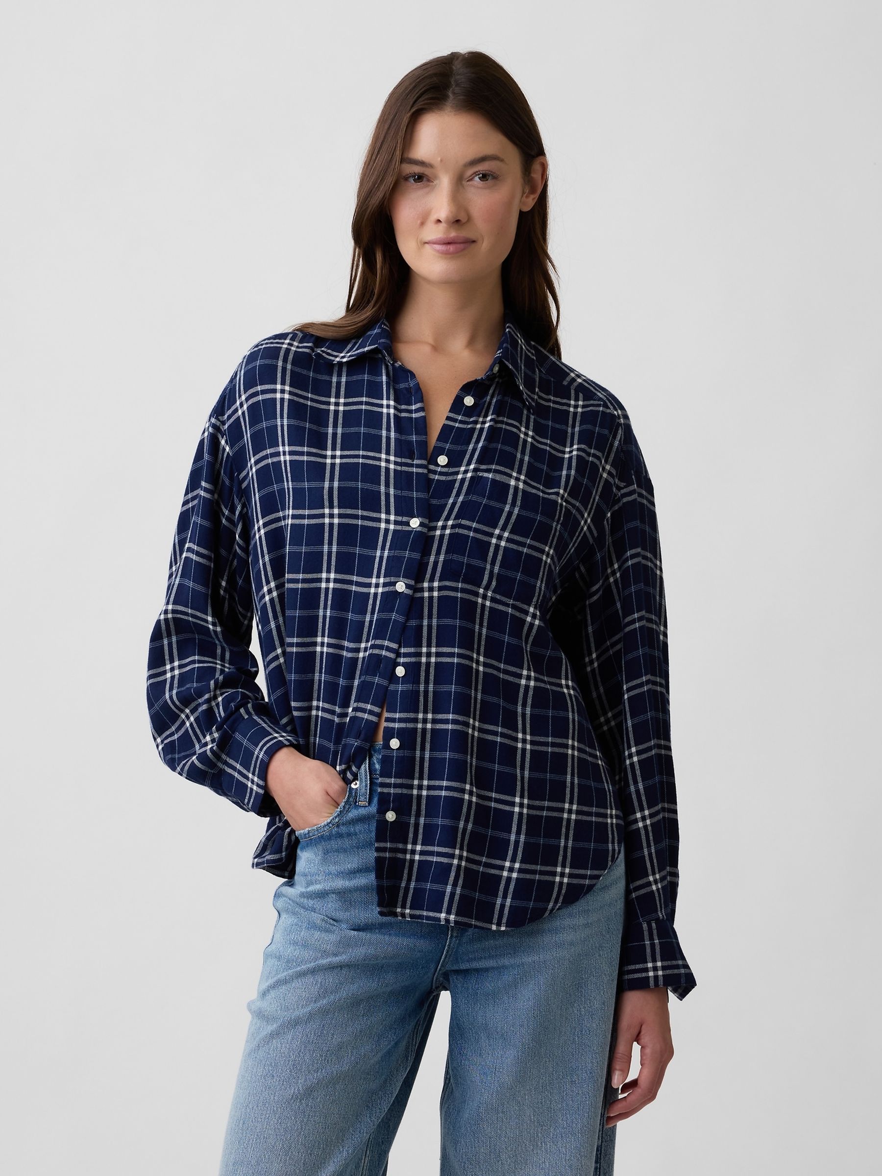 Navy Check Oversized Flannel Shirt - Image 1 of 5