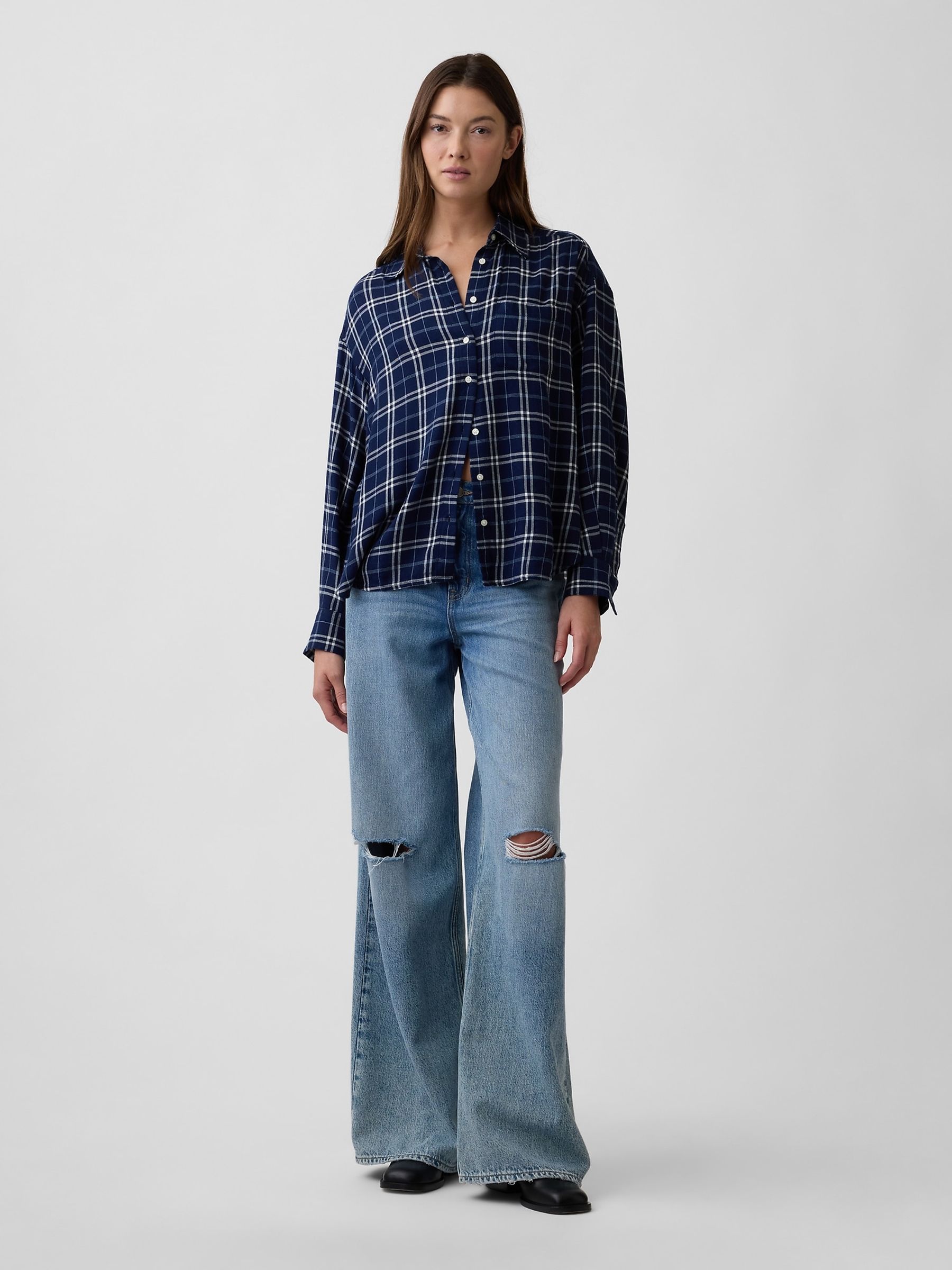 Navy Check Oversized Flannel Shirt - Image 3 of 5