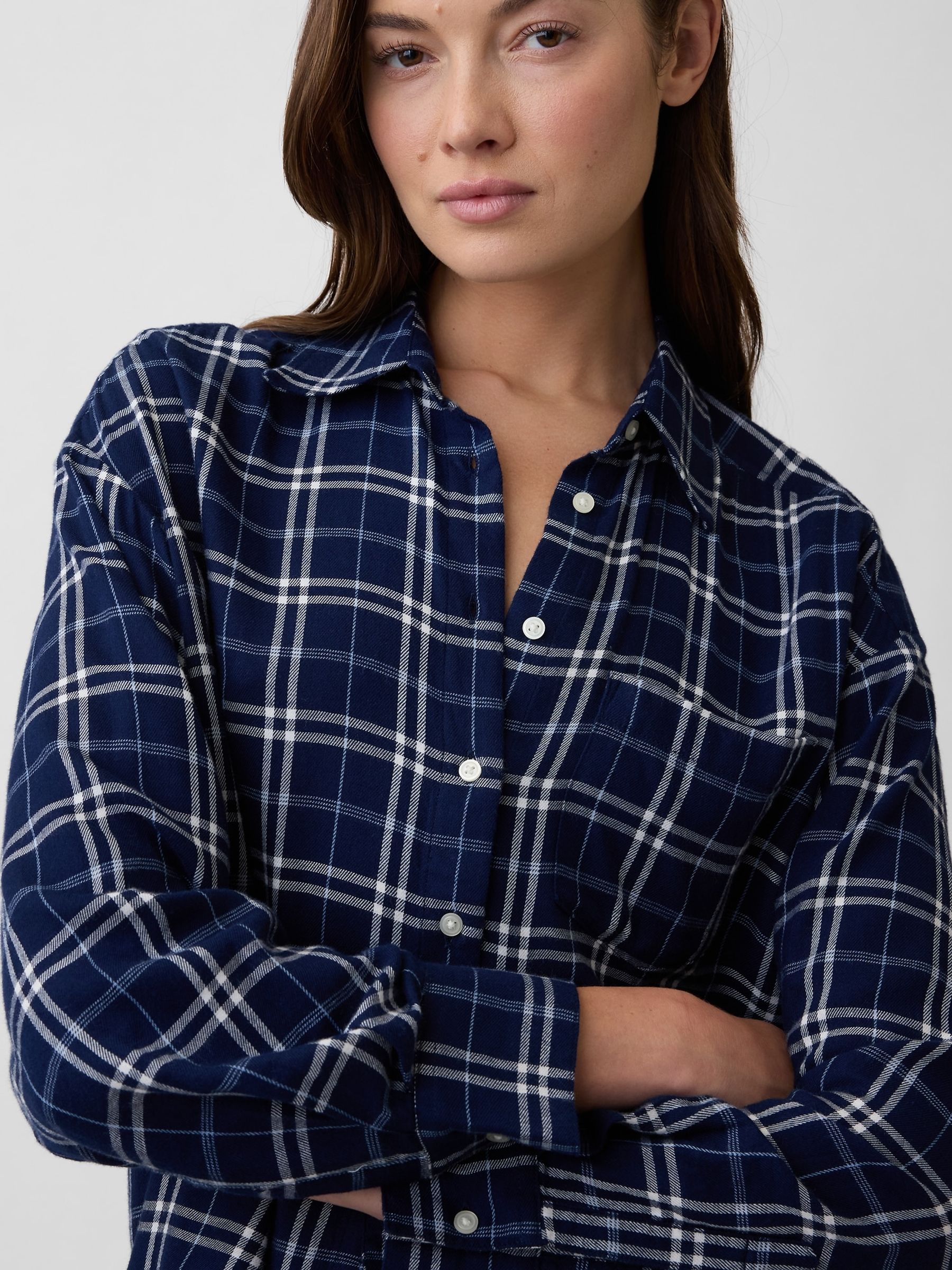 Navy Check Oversized Flannel Shirt - Image 4 of 5