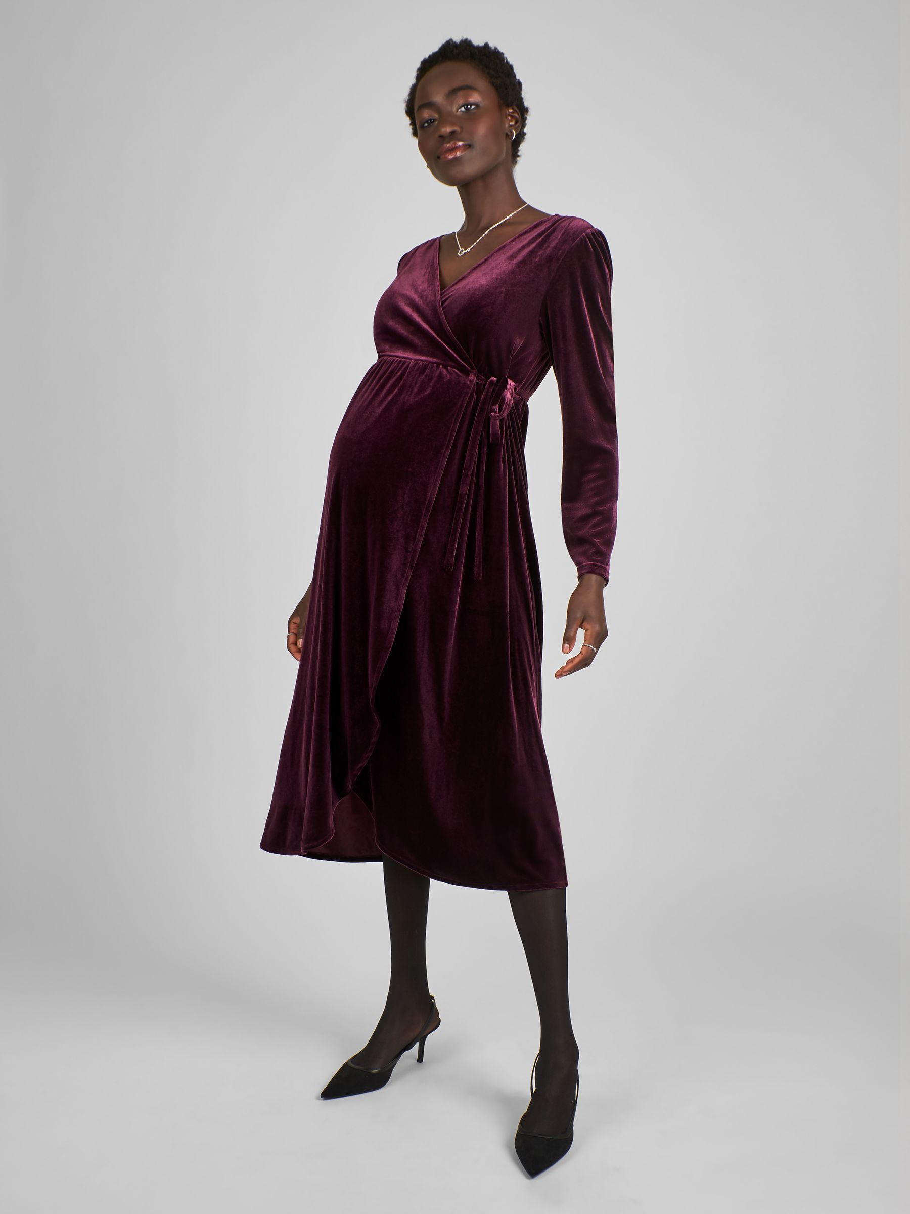 Wine Red Velvet V-Neck Maternity & Nursing Wrap Dress - Image 1 of 6