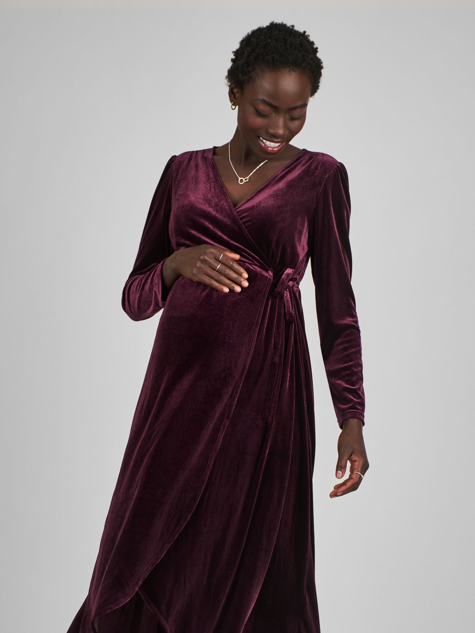Wine Red Velvet V-Neck Maternity & Nursing Wrap Dress - Image 2 of 6