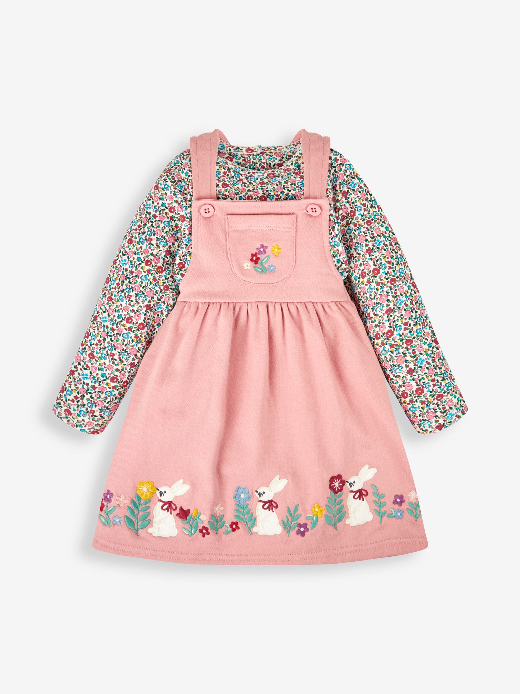 Pink Bunny Floral Girls' 2-Piece Appliqué Pinafore Dress & Top Set - Image 1 of 6