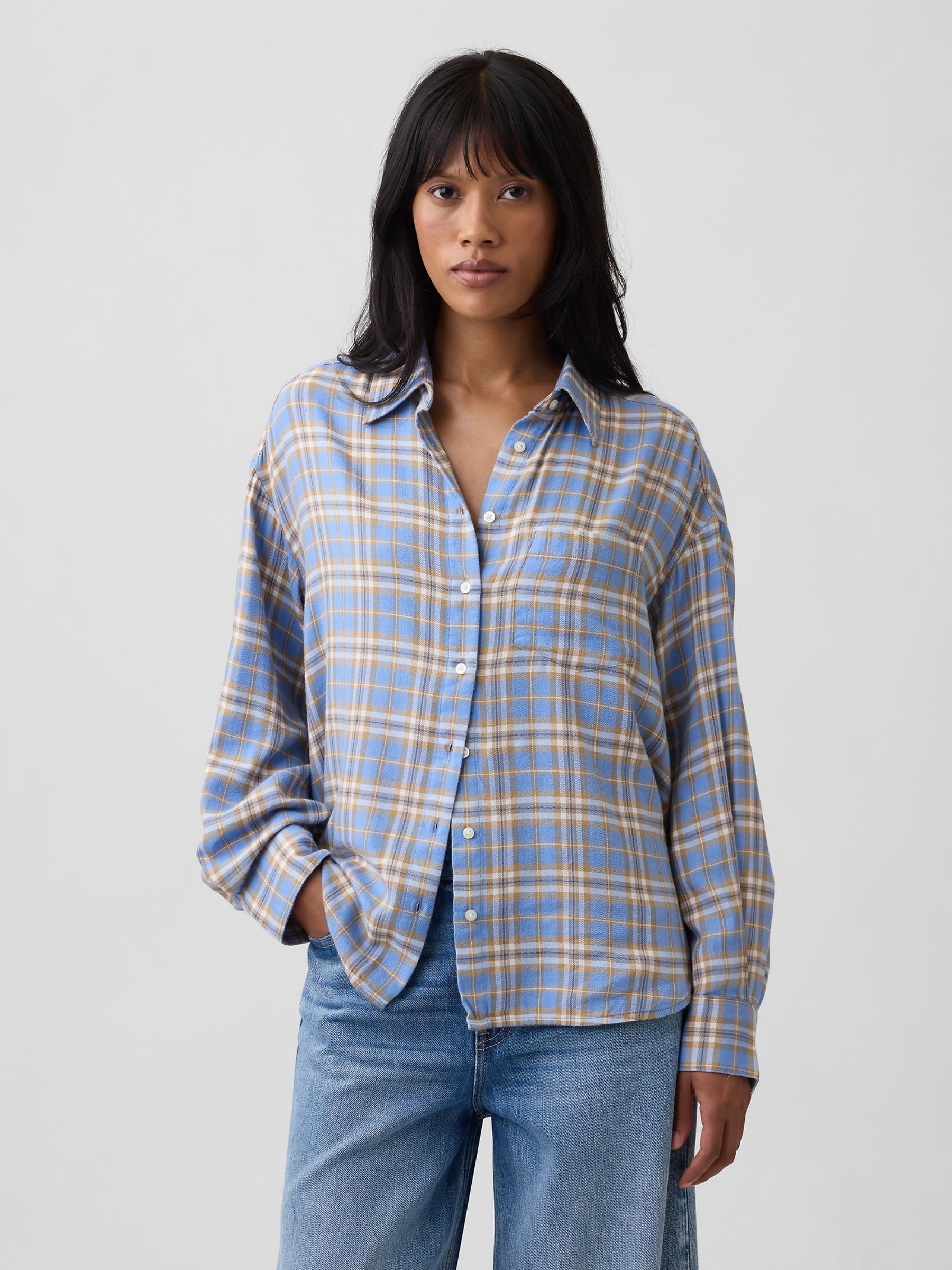 Blue Check Oversized Flannel Shirt - Image 1 of 5