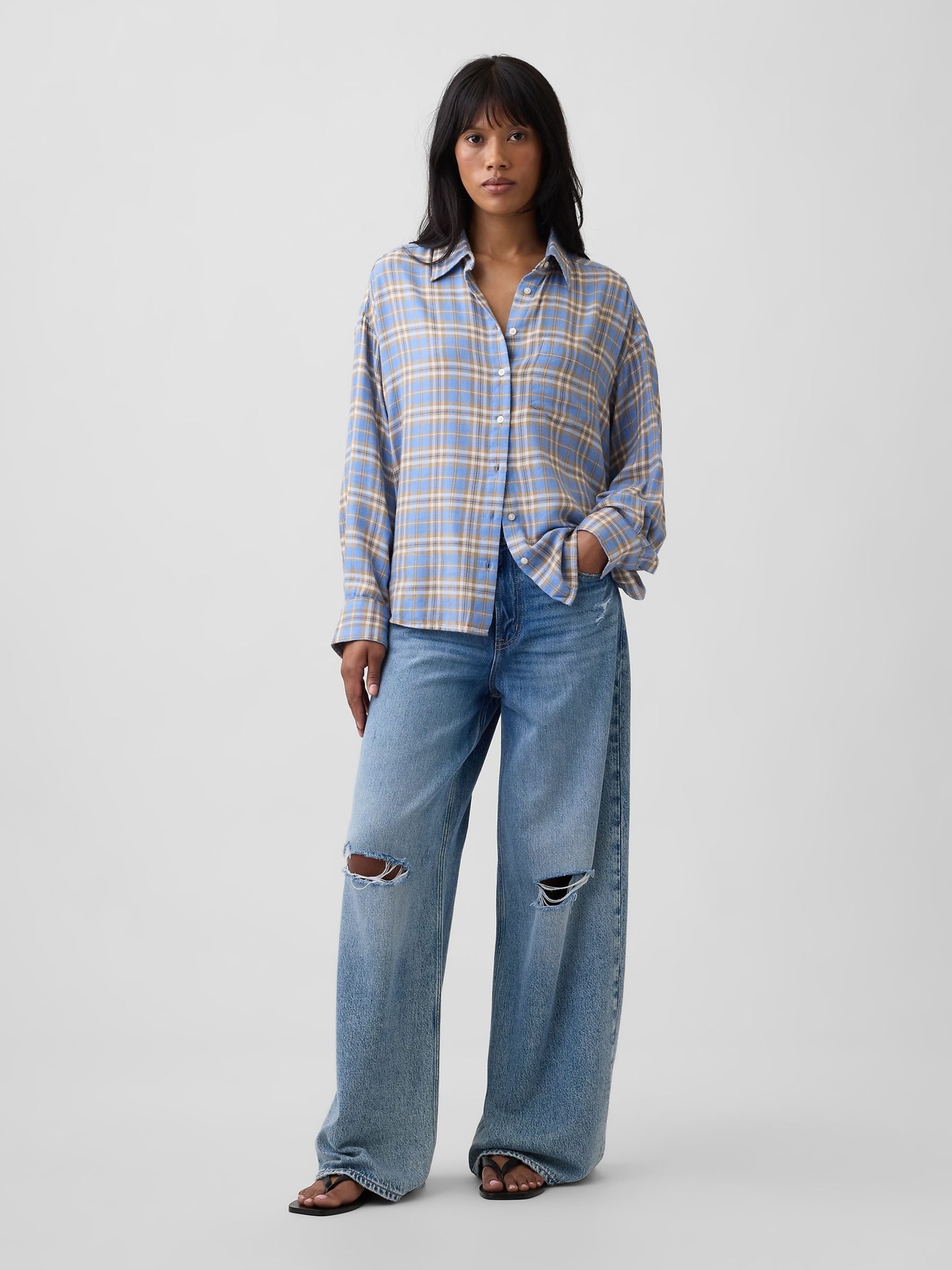 Blue Check Oversized Flannel Shirt - Image 3 of 5
