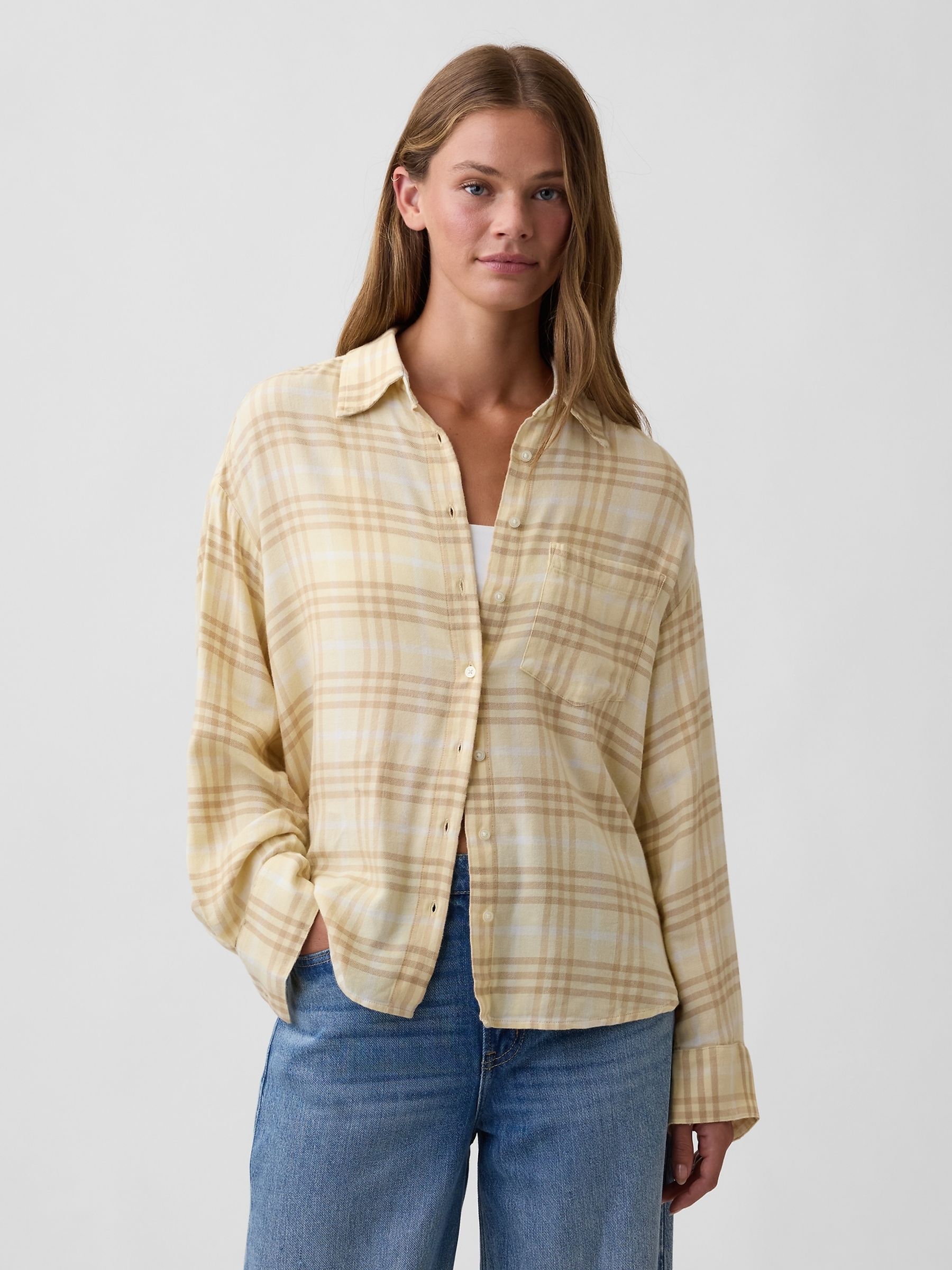 Yellow Check Oversized Flannel Shirt - Image 1 of 5