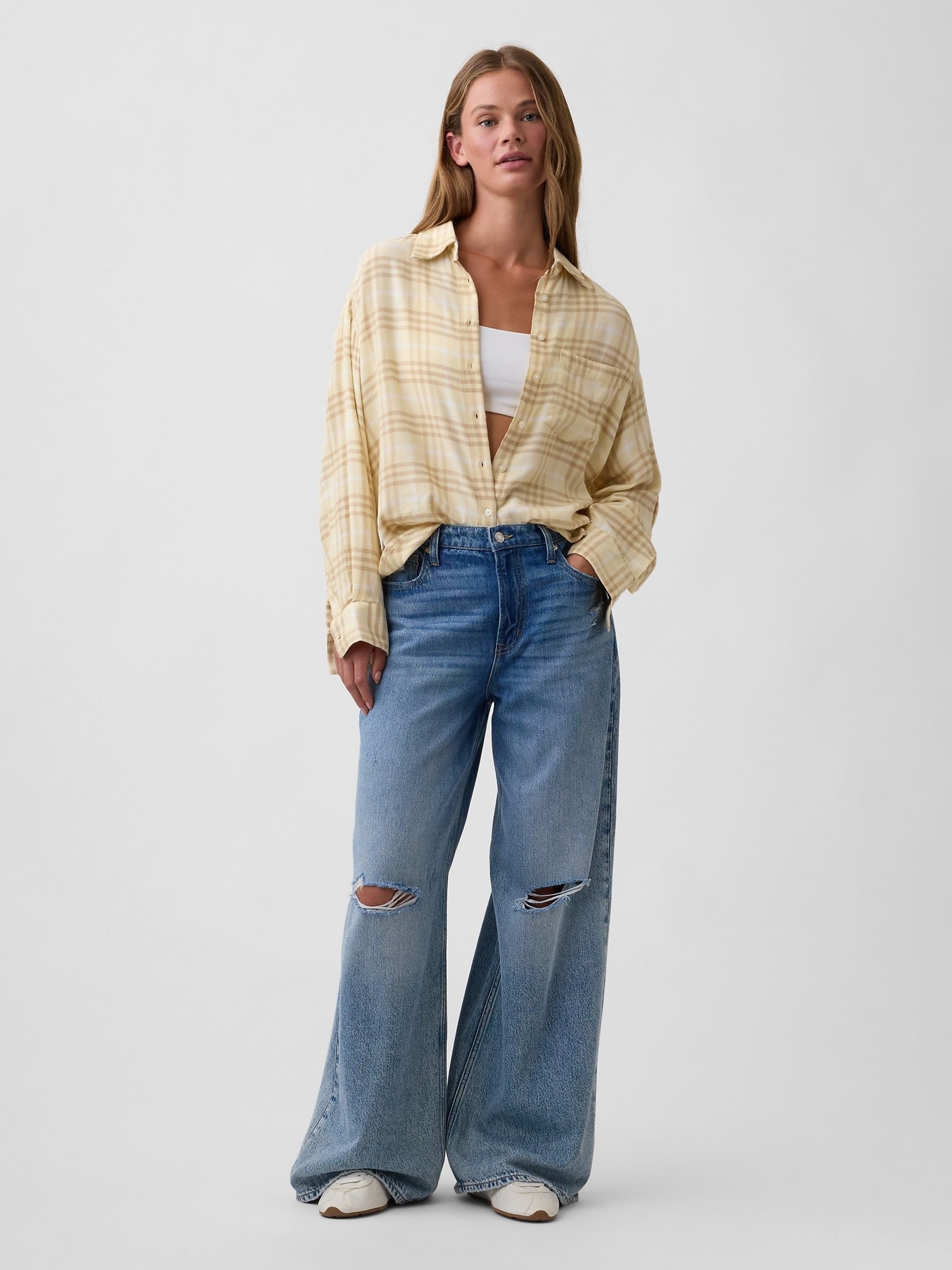 Yellow Check Oversized Flannel Shirt - Image 3 of 5