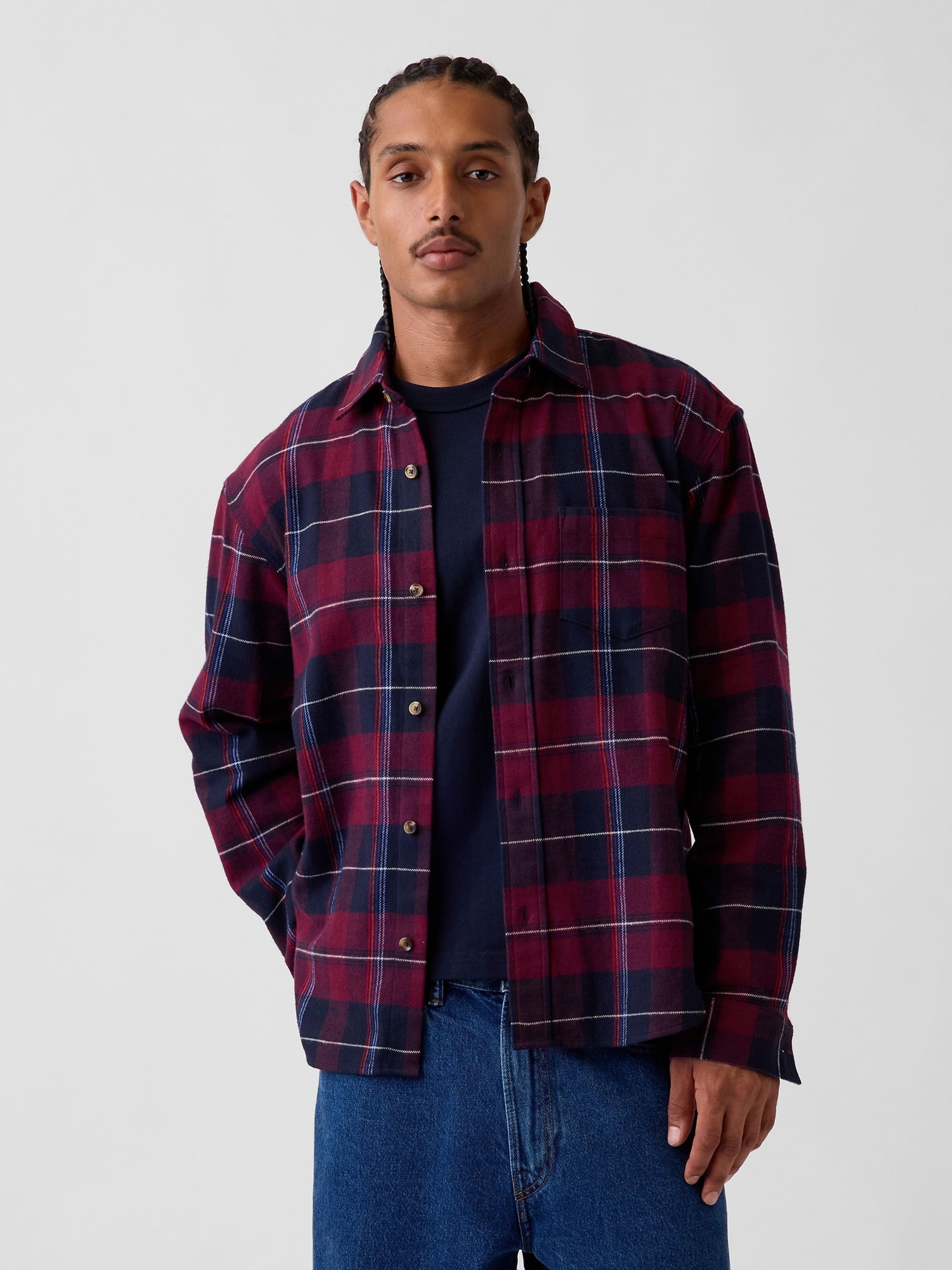 Burgundy Red & Navy Check Relaxed Flannel Shirt - Image 1 of 4 Burgundy Red & Navy Check Relaxed Flannel Shirt - Image 1 of 4