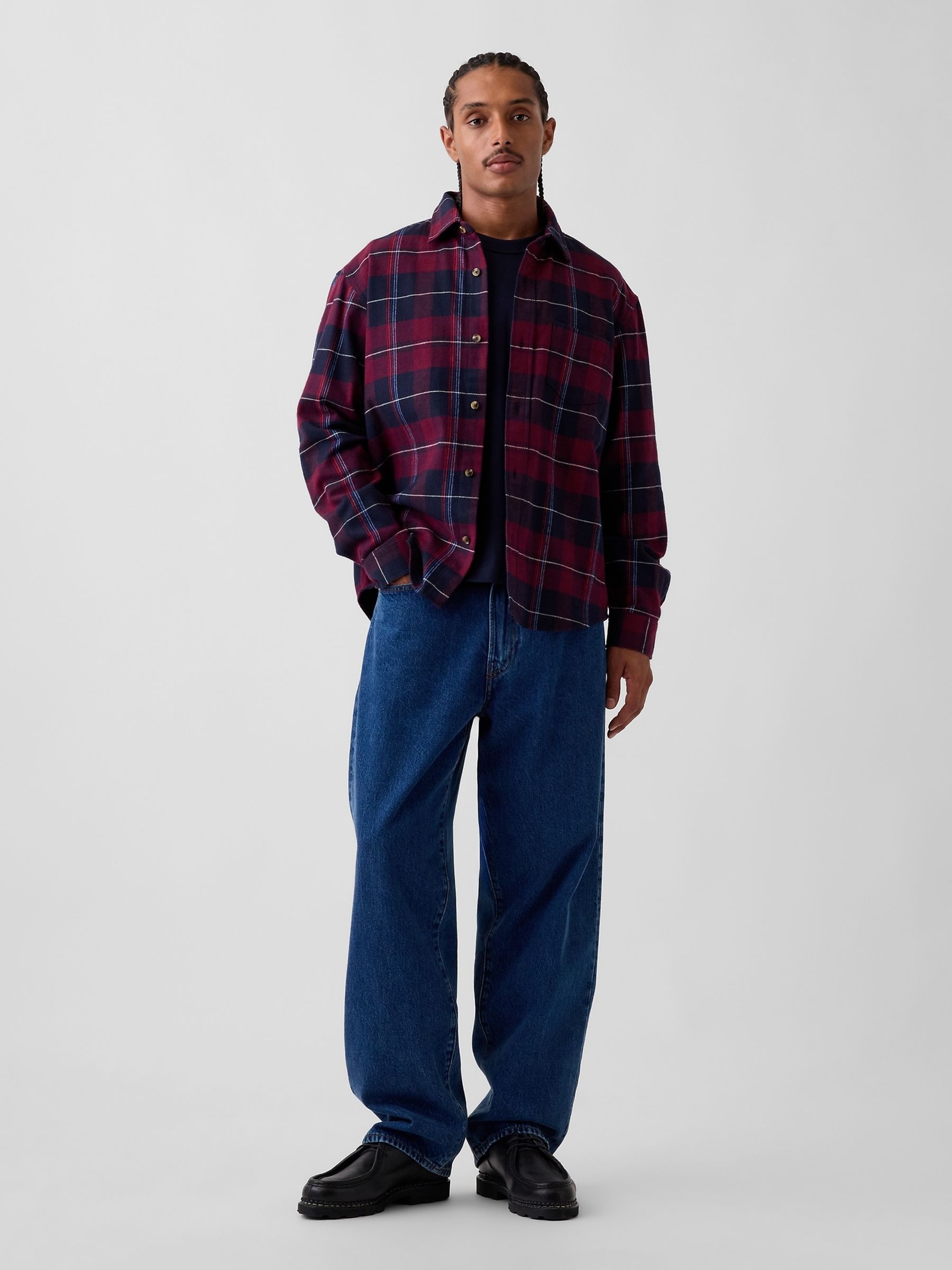 Burgundy Red & Navy Check Relaxed Flannel Shirt - Image 3 of 4