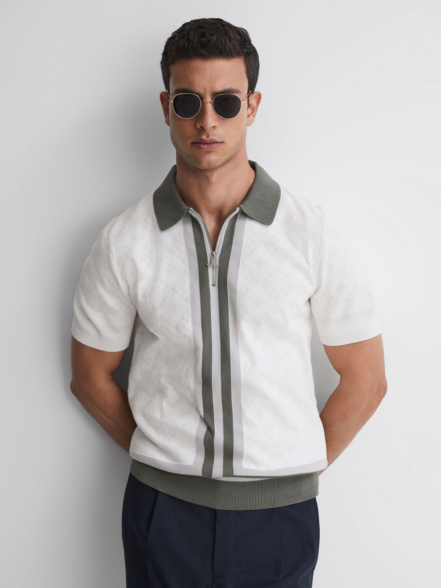 Slim Fit Cotton Knitted Half-Zip Polo T-Shirt in Ecru - Image 1 of 4