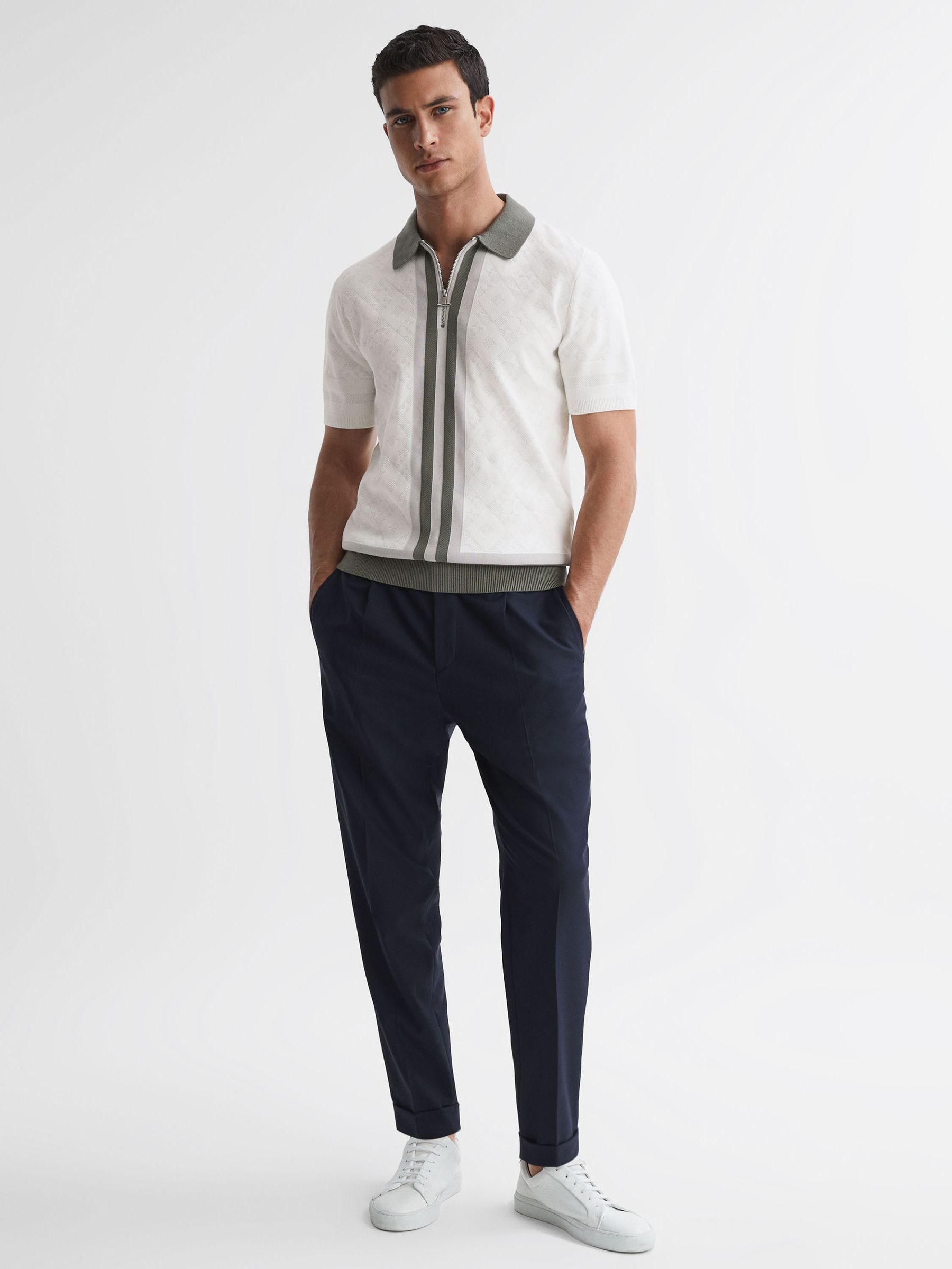 Slim Fit Cotton Knitted Half-Zip Polo T-Shirt in Ecru - Image 3 of 4