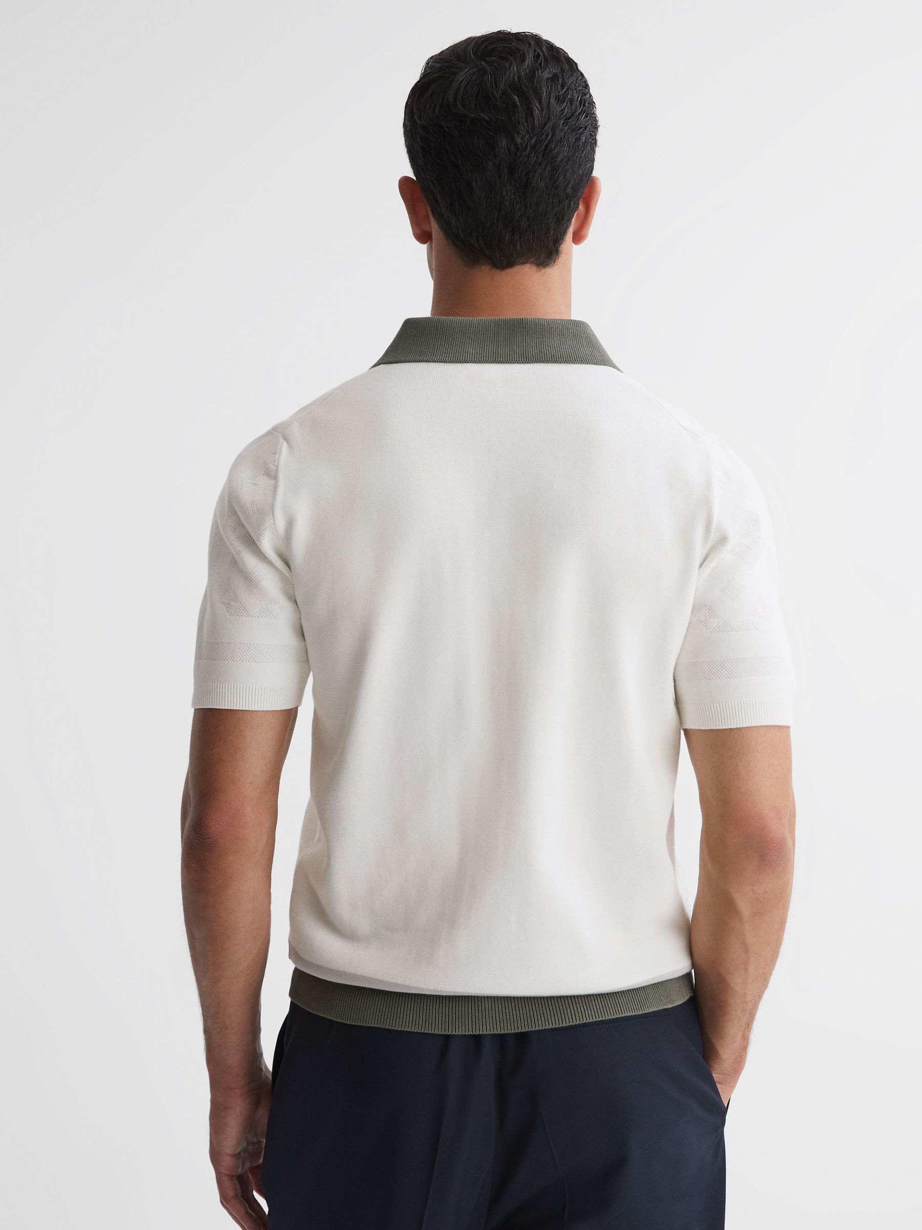 Slim Fit Cotton Knitted Half-Zip Polo T-Shirt in Ecru - Image 4 of 4
