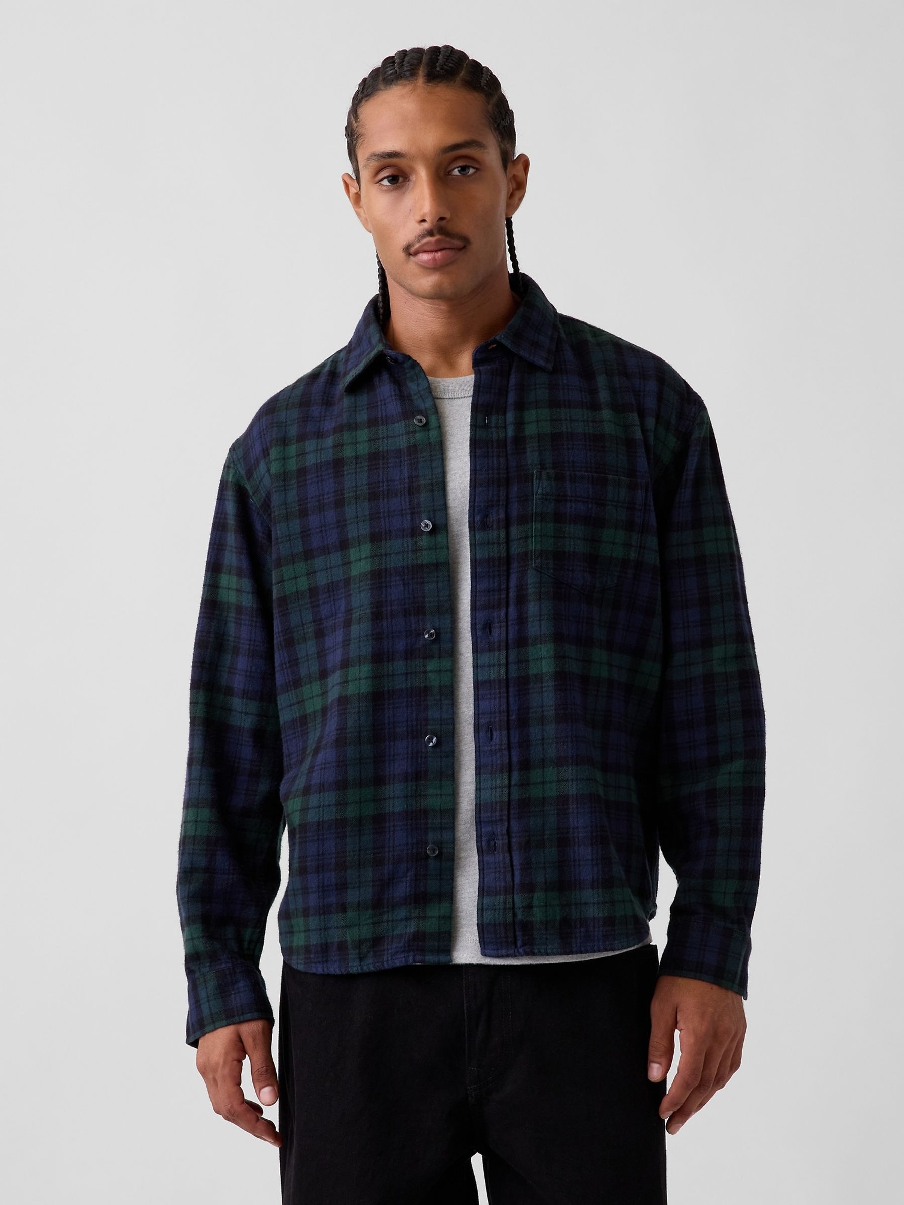 Navy & Green Check Relaxed Flannel Shirt - Image 1 of 4 Navy & Green Check Relaxed Flannel Shirt - Image 1 of 4